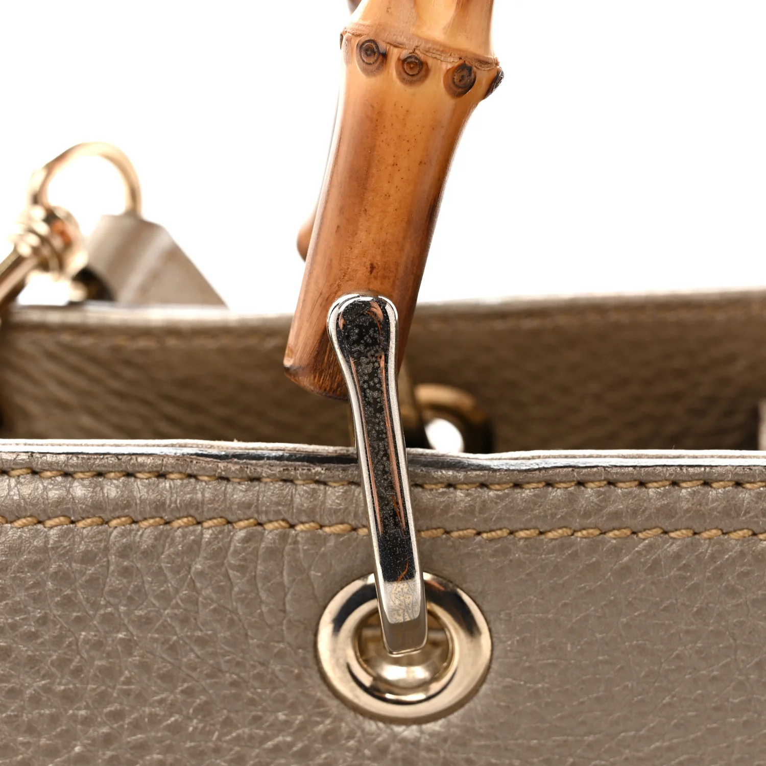 Metallic Pebbled Calfskin Medium Bamboo Shopper Tote Golden Beige - Image 14
