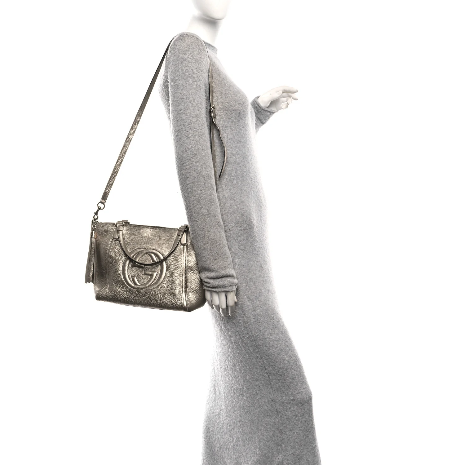 Metallic Pebbled Calfskin Small Soho Top Handle Bag Golden Beige - Image 2