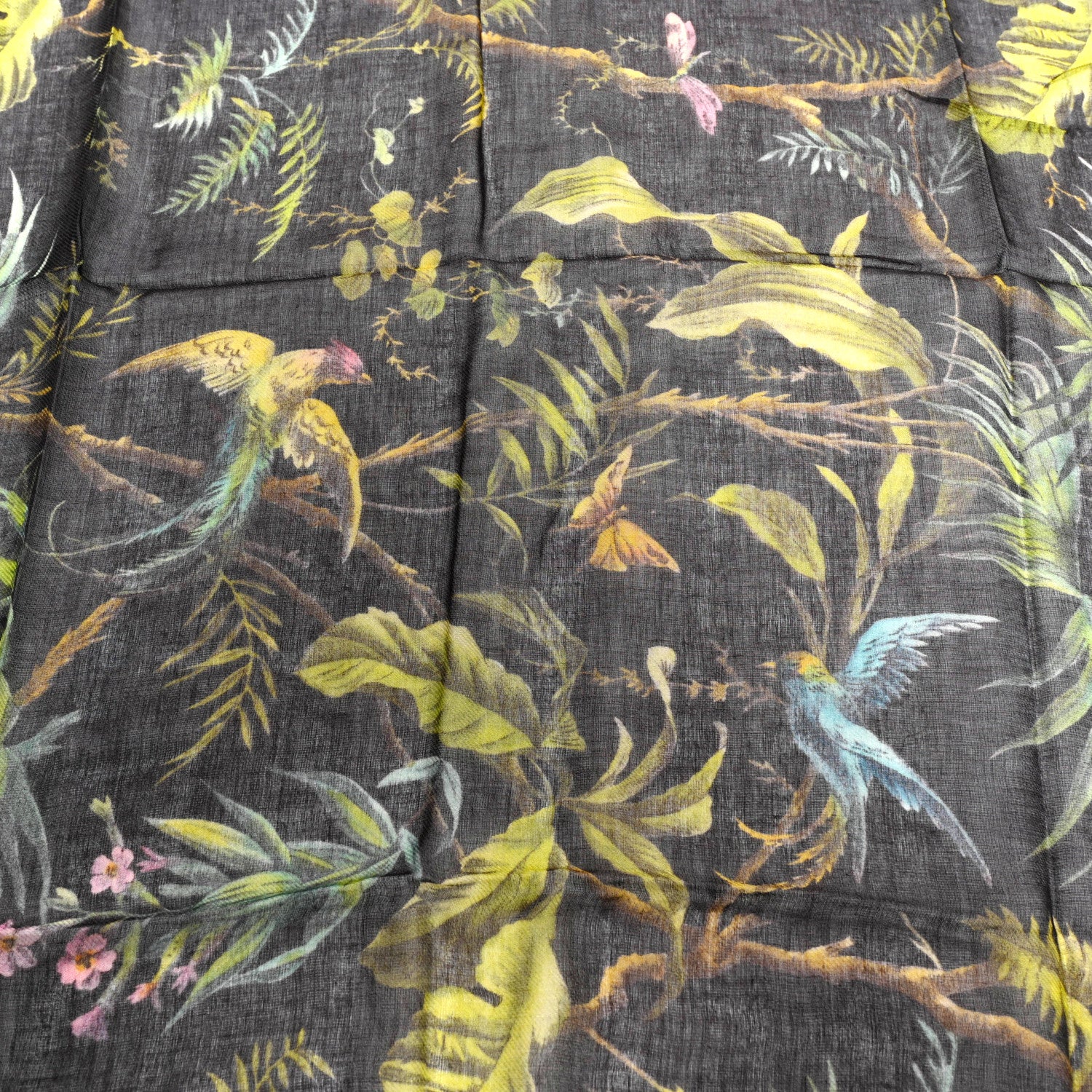 Modal Wool Tropical Print Shawl Scarf Black Multi - Image 4