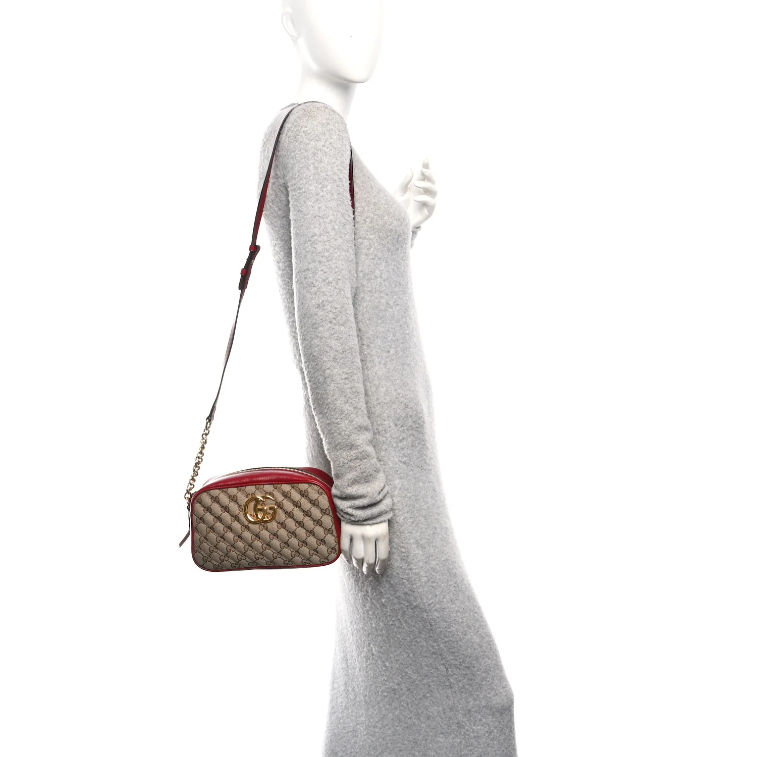 Monogram Azalea Calfskin Matelasse Diagonal Small GG Marmont Chain Shoulder Bag Beige Ebony New Cherry Red - Image 2