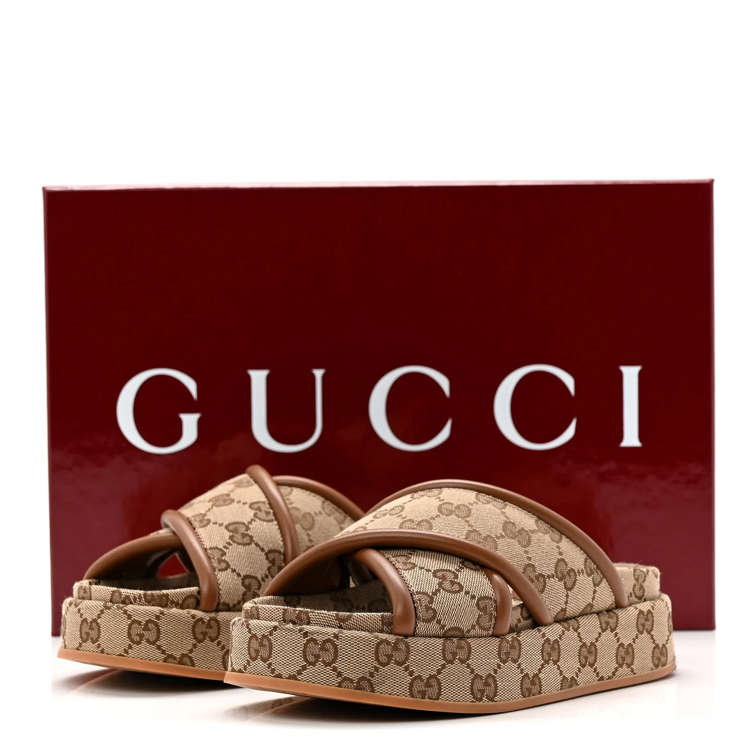 Monogram GG Calfskin Angelina Platform 55mm Slide Sandals 35 Camel Ebony - Image 10