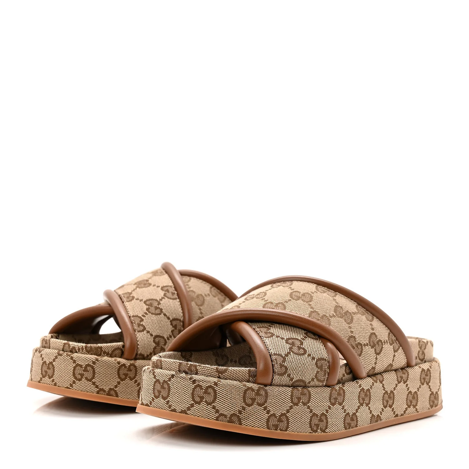 Monogram GG Calfskin Angelina Platform 55mm Slide Sandals 35 Camel Ebony - Image 4