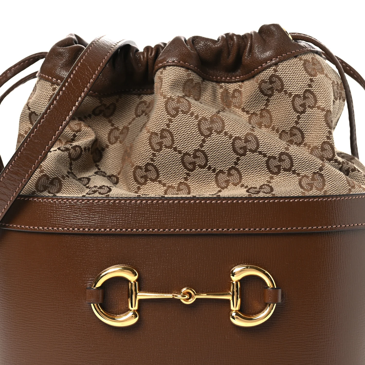 Monogram Textured Calfskin Horsebit 1955 Drawstring Bucket Bag Beige Brown Sugar - Image 8