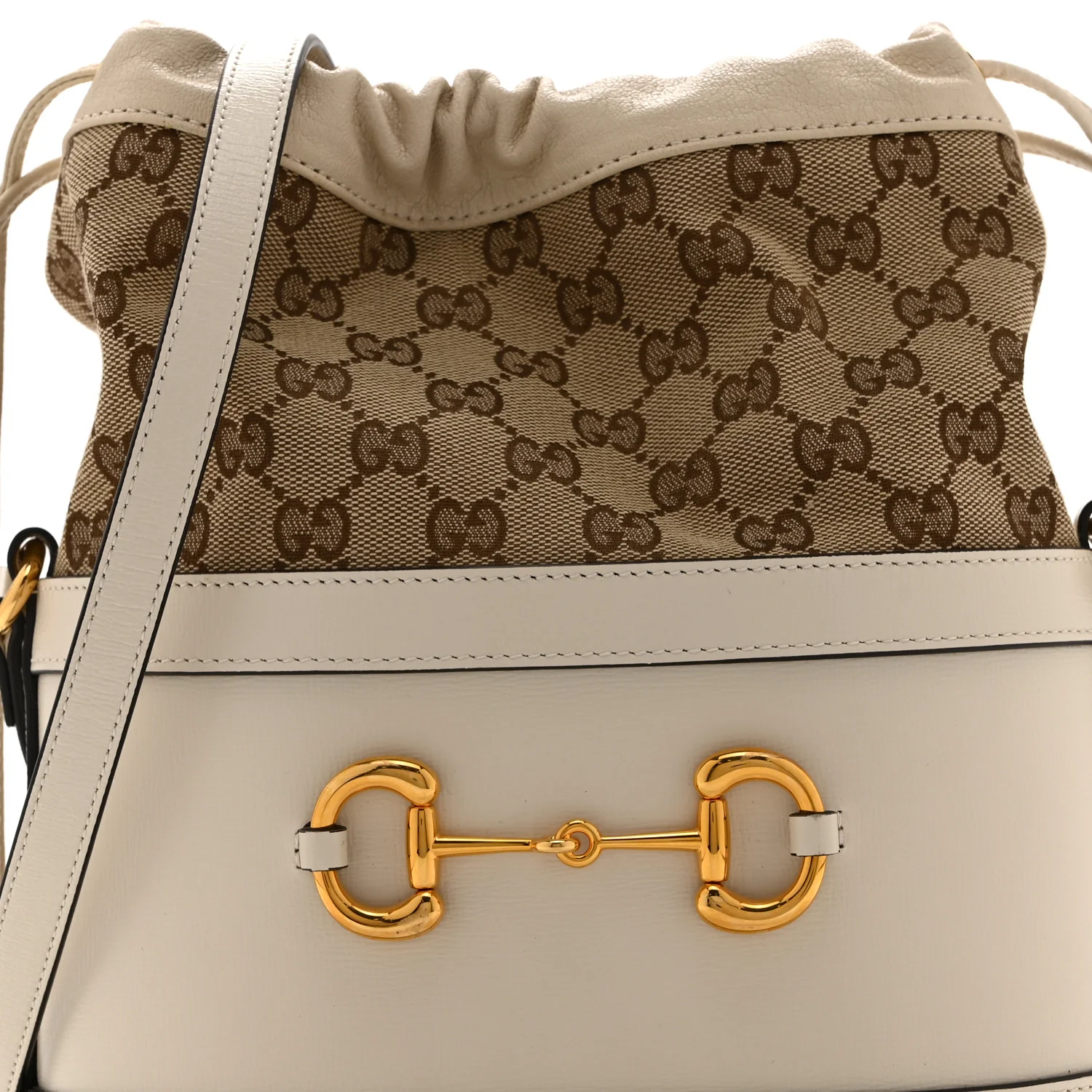 Monogram Textured Calfskin Horsebit 1955 Drawstring Bucket Bag Beige Mystic White - Image 9