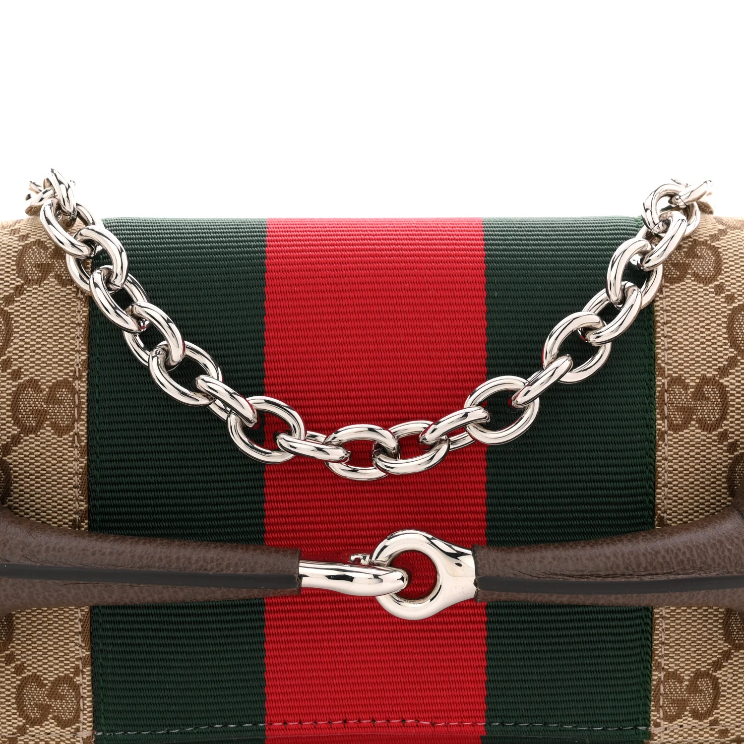 Monogram Textured Dollar Calfskin Heavy Grosgrain Web Medium Maxi Horsebit Chain Shoulder Bag Beige Ebony New Acero - Image 8