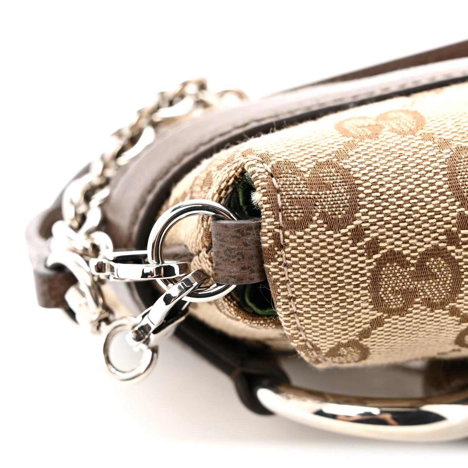 Monogram Textured Dollar Calfskin Heavy Grosgrain Web Small Maxi Horsebit Chain Shoulder Bag Beige Ebony New Acero - Image 11