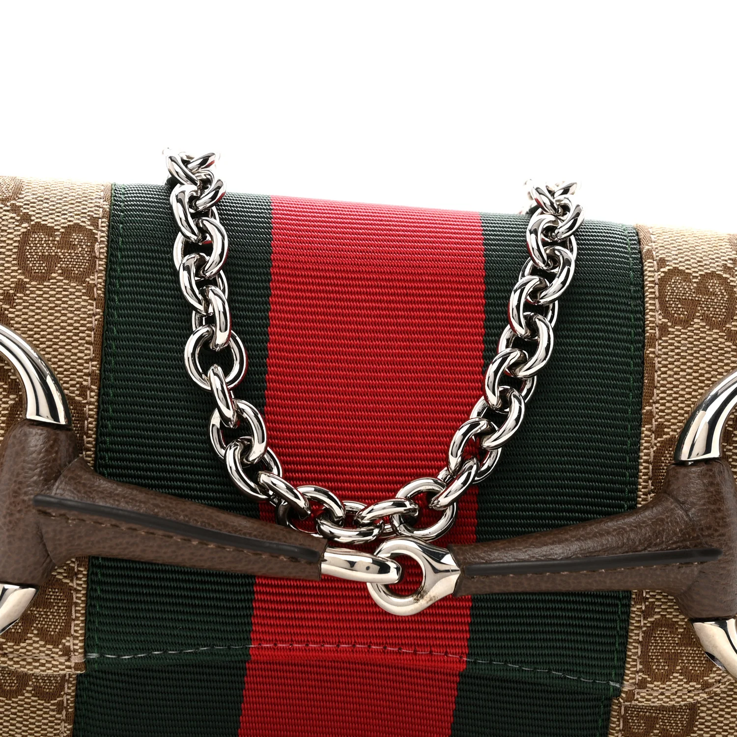 Monogram Textured Dollar Calfskin Heavy Grosgrain Web Small Maxi Horsebit Chain Shoulder Bag Beige Ebony New Acero - Image 8