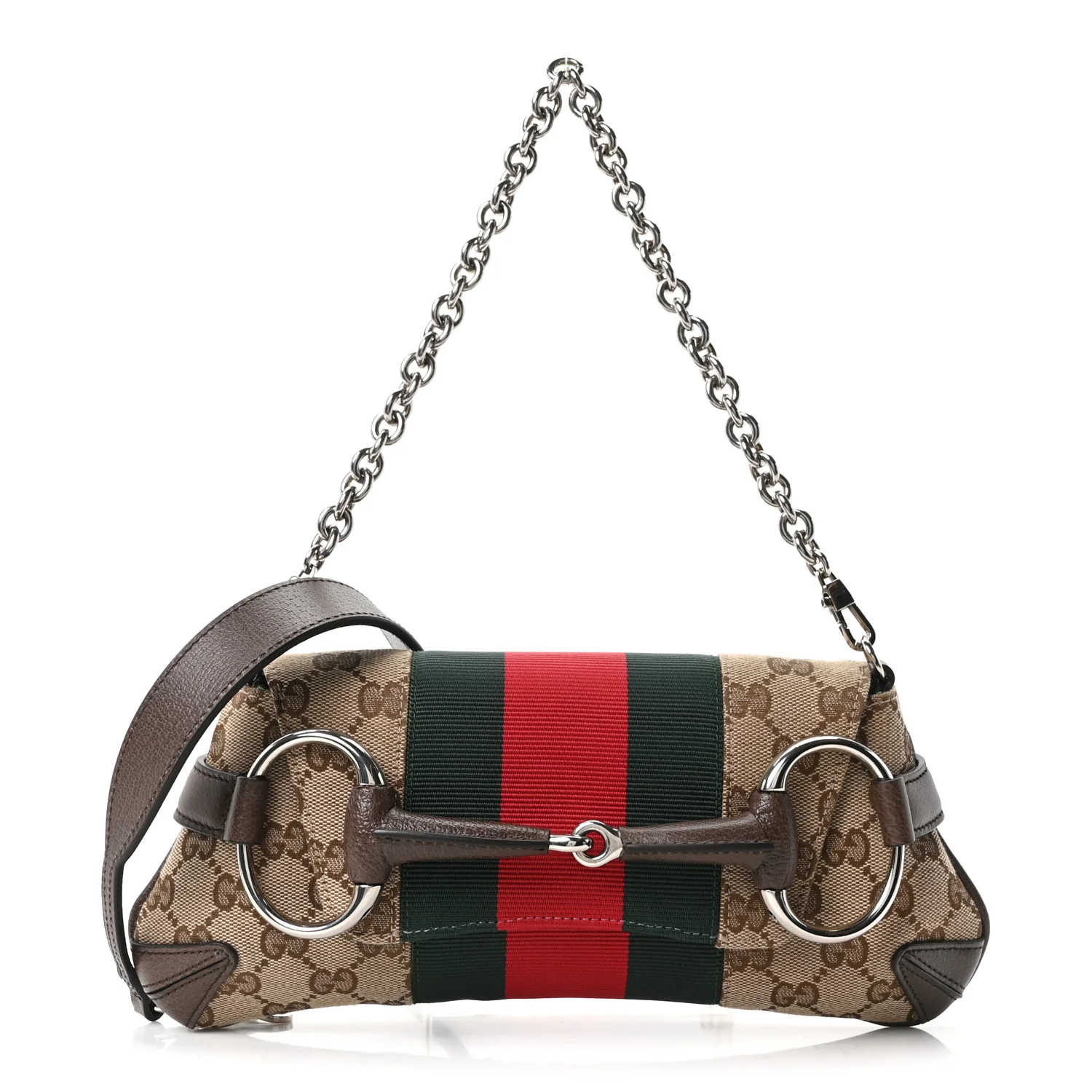 Monogram Textured Dollar Calfskin Heavy Grosgrain Web Small Maxi Horsebit Chain Shoulder Bag Beige Ebony New Acero