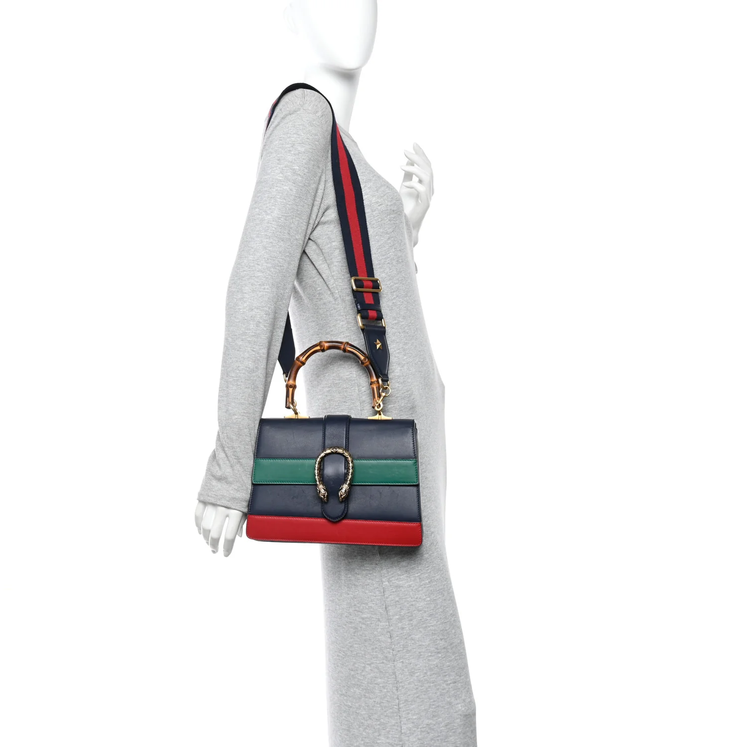 Moon Calfskin Bamboo Web Medium Dionysus Top Handle Bag Blue Emerald Hibiscus Red - Image 2