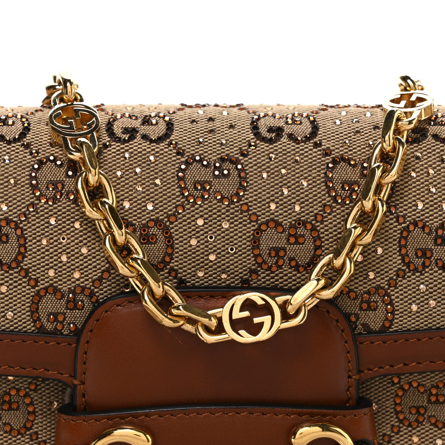 New Canvas Charisma Calfskin Crystal GG Monogram Mini Horsebit 1955 Shoulder Bag Camel Ebony - Image 8