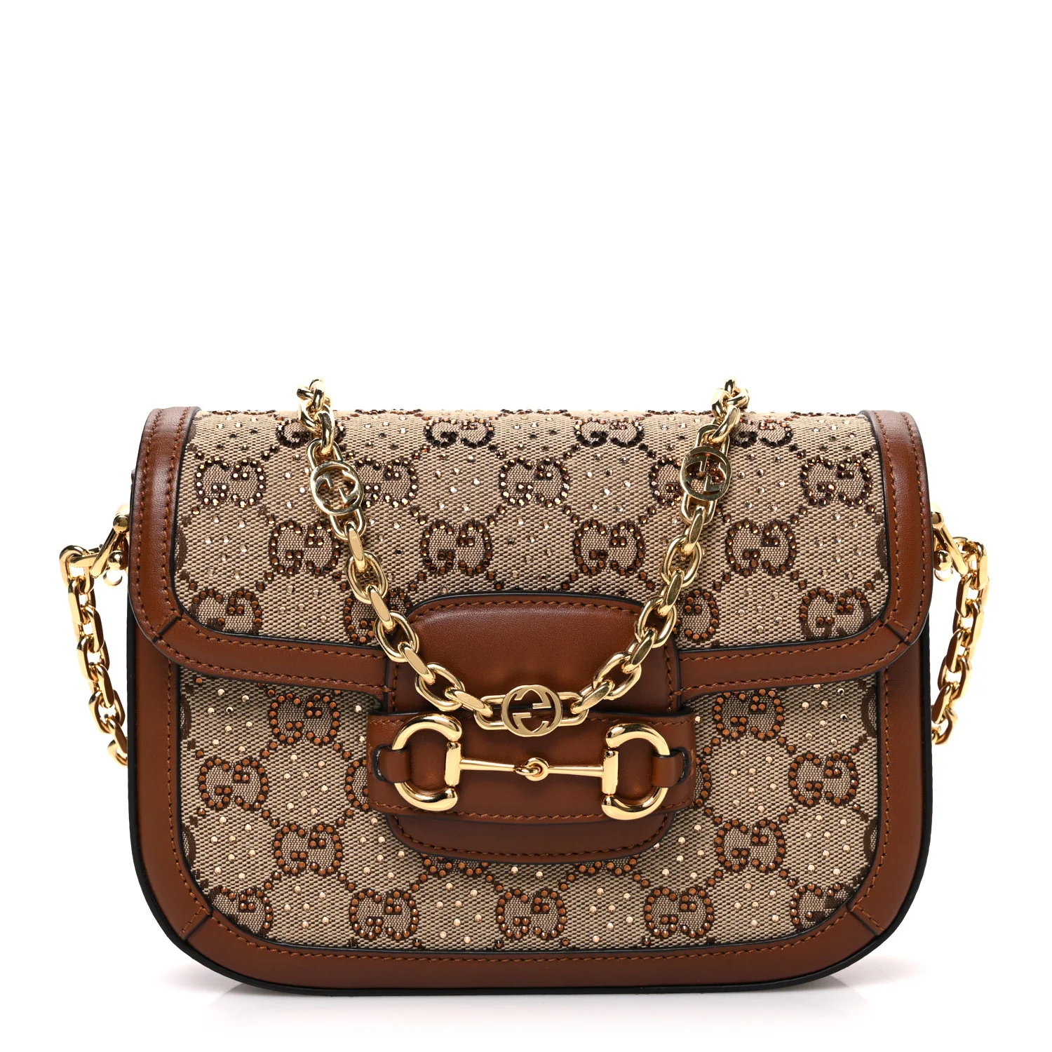 New Canvas Charisma Calfskin Crystal GG Monogram Mini Horsebit 1955 Shoulder Bag Camel Ebony