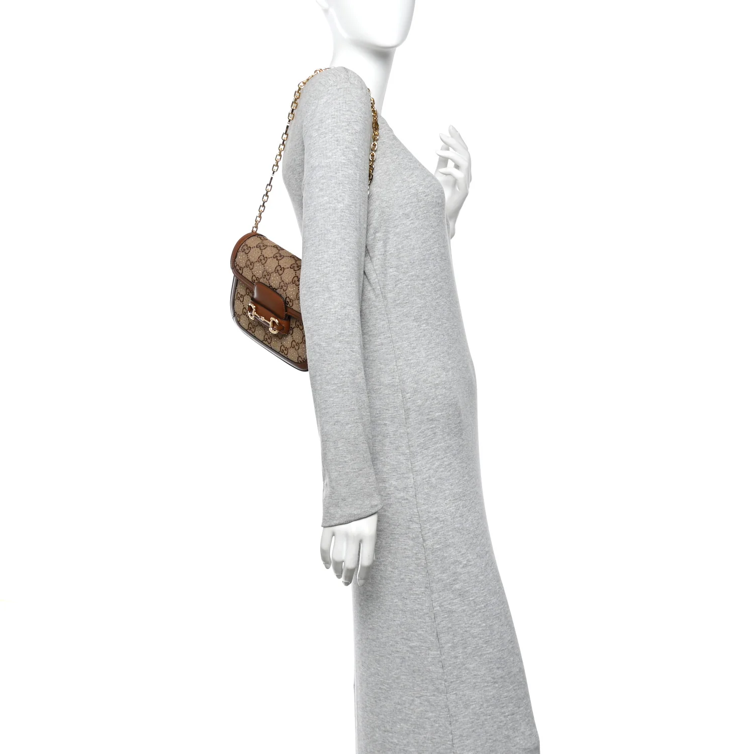 New Canvas Charisma Calfskin Crystal GG Monogram Mini Horsebit 1955 Shoulder Bag Camel Ebony - Image 2