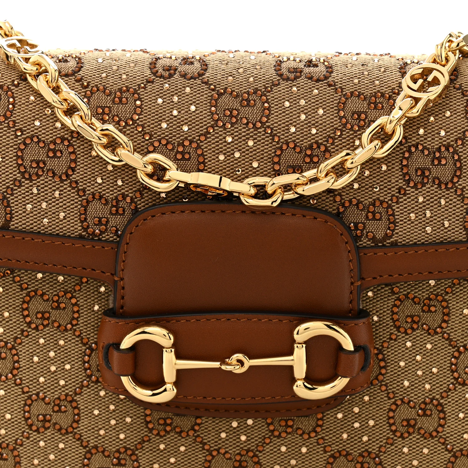New Canvas Charisma Calfskin Crystal GG Monogram Mini Horsebit 1955 Shoulder Bag Camel Ebony - Image 8