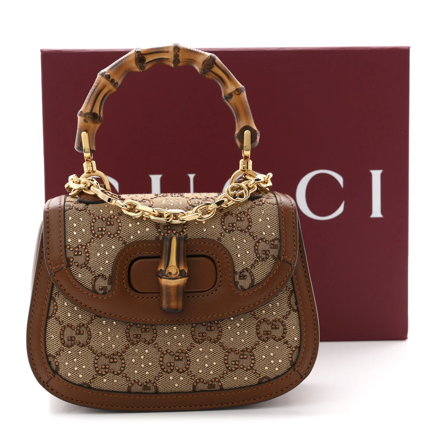 New Canvas Charisma Calfskin Crystal GG Monogram Small Bamboo 1947 Top Handle Bag Camel Ebony - Image 11