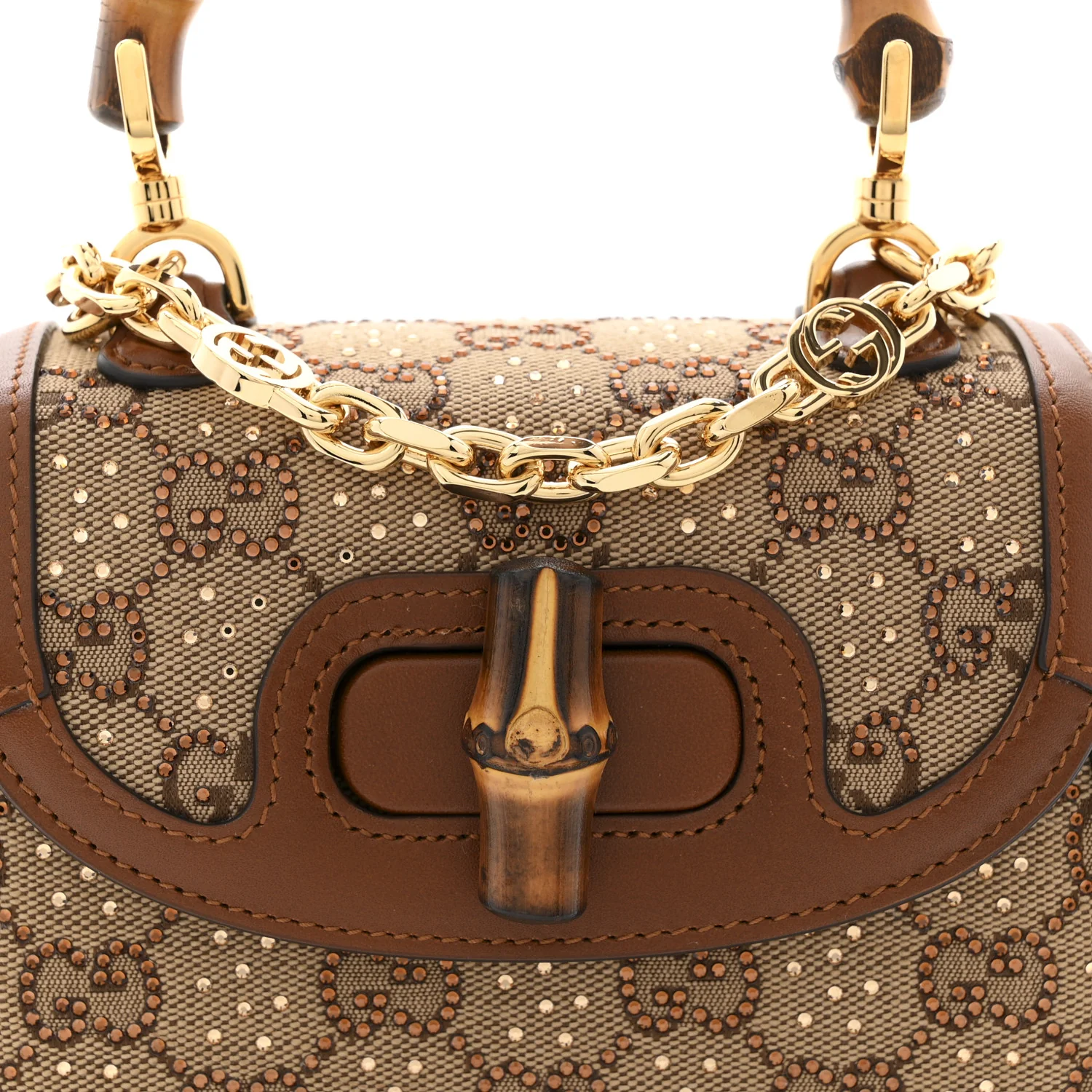 New Canvas Charisma Calfskin Crystal GG Monogram Small Bamboo 1947 Top Handle Bag Camel Ebony - Image 8