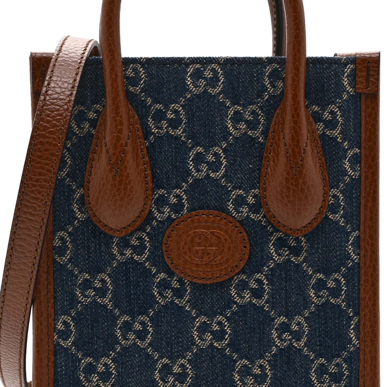 New Denim GG Monogram Dollar Calfskin Mini Retro Interlocking G Tote Bag Blue Tea Cuir Epilog - Image 9
