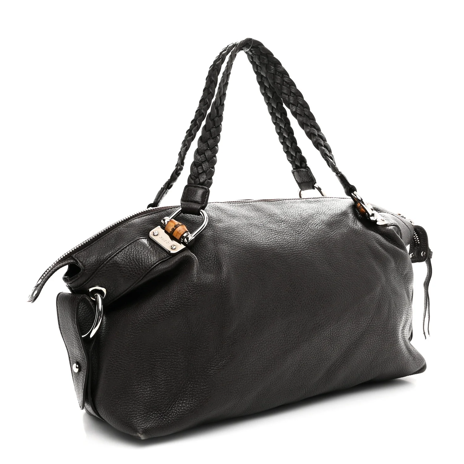 Pebbled Calfskin Large Bamboo Bar Tassel Shoulder Bag Dark Brown - Image 3