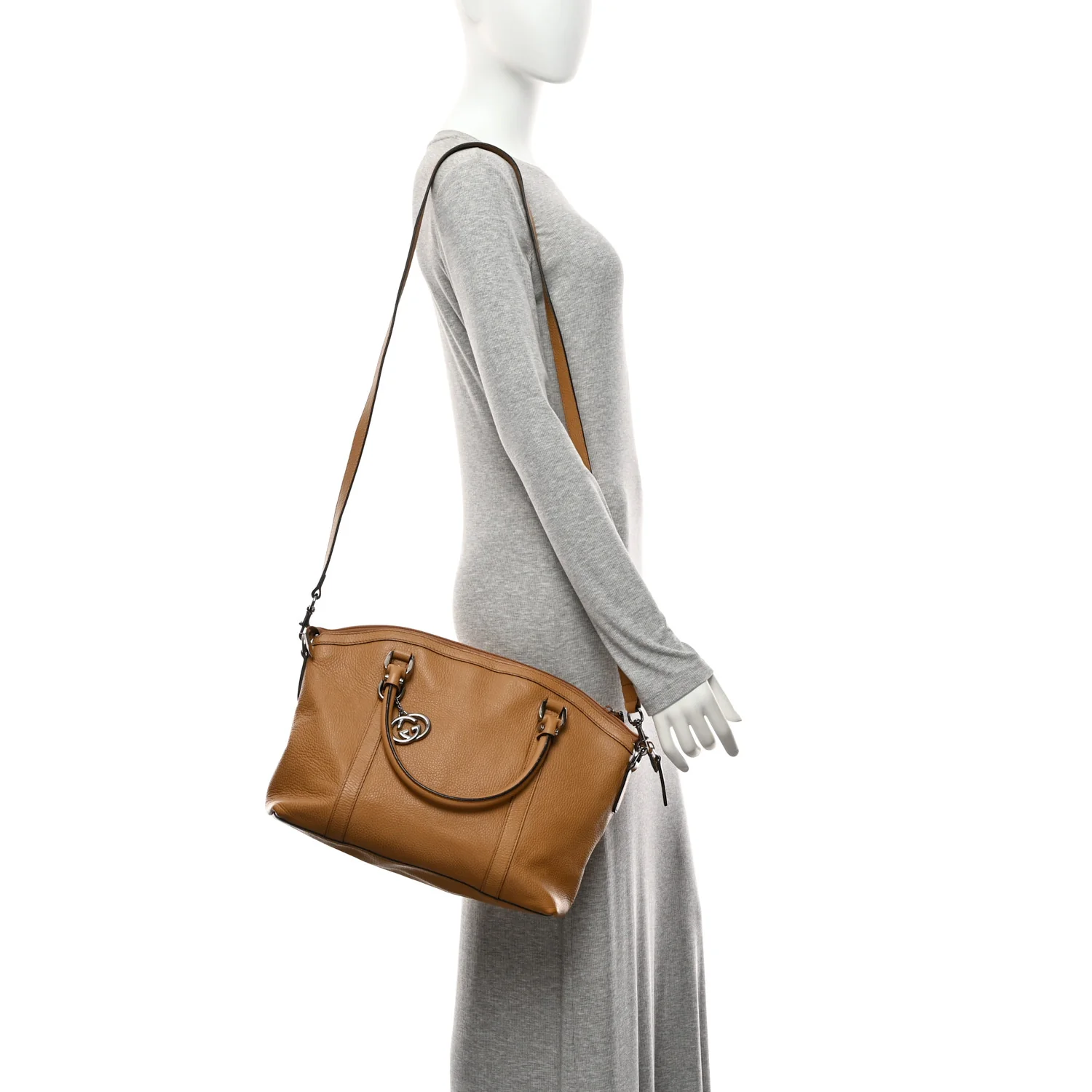 Pebbled Calfskin Medium GG Convertible Dome Satchel Beige - Image 2