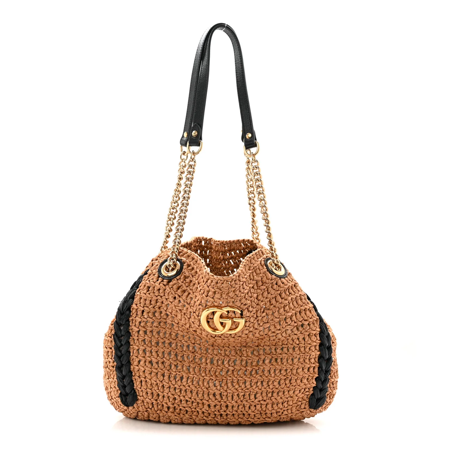 Raffia Effect Medium GG Marmont Shoulder Tote Bag Natural Black