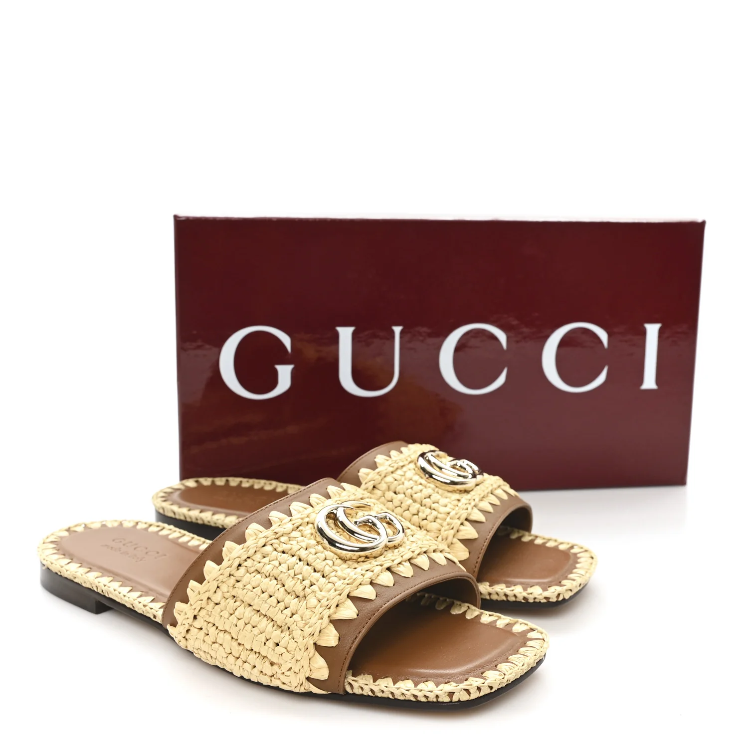 Raffia Interlocking G Flat Slide Sandals 37.5 Bright Natural Sundial - Image 9