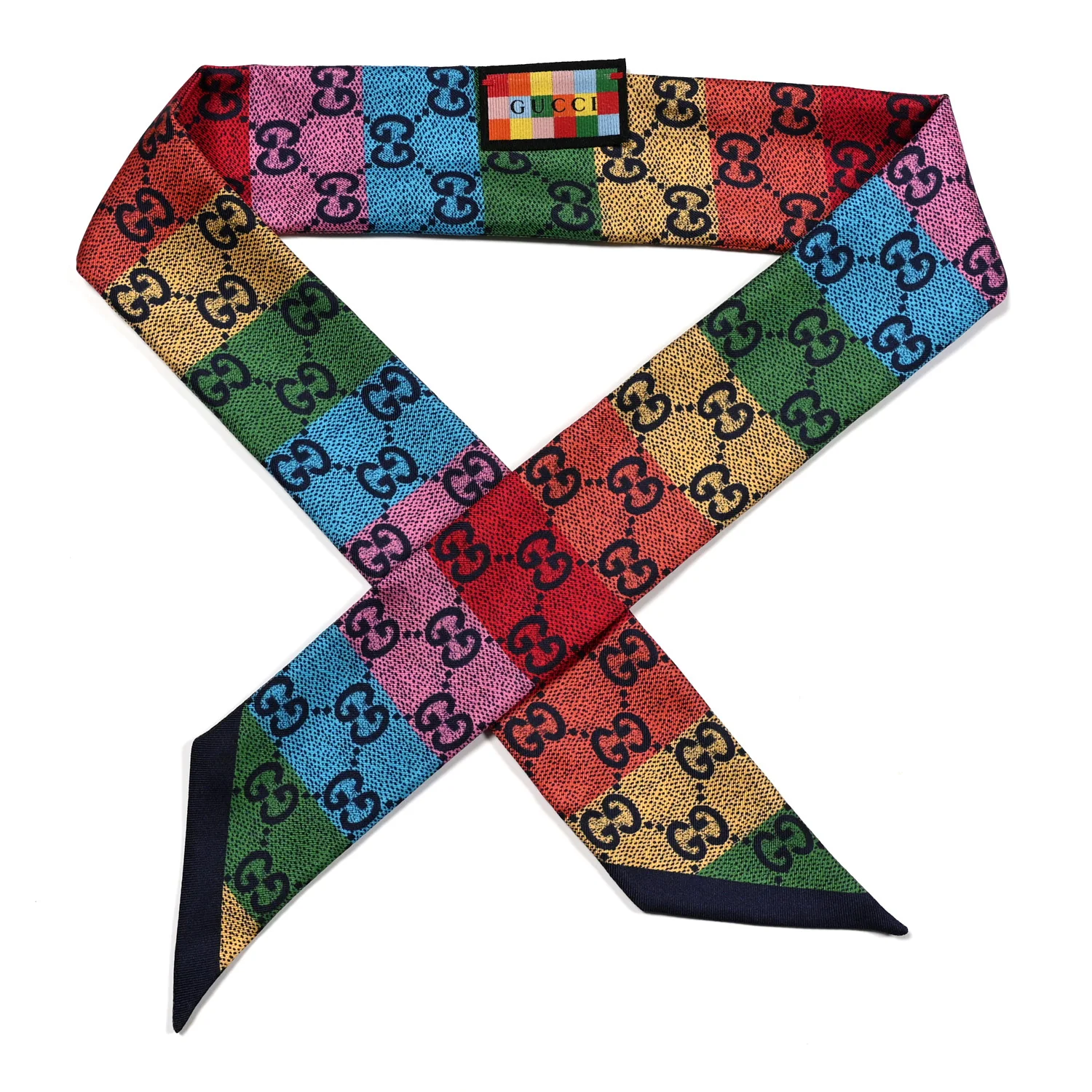 Silk Twill Lady GG Psychedelic Neck Bow Scarf Dark Blue Multicolor