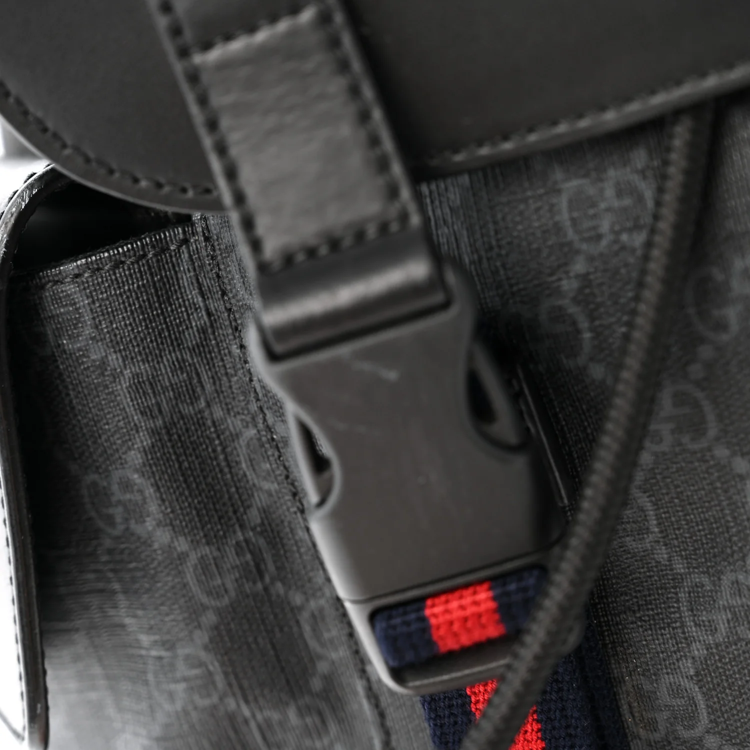 Soft GG Supreme Monogram Calfskin Web Double Buckle Backpack Black - Image 11