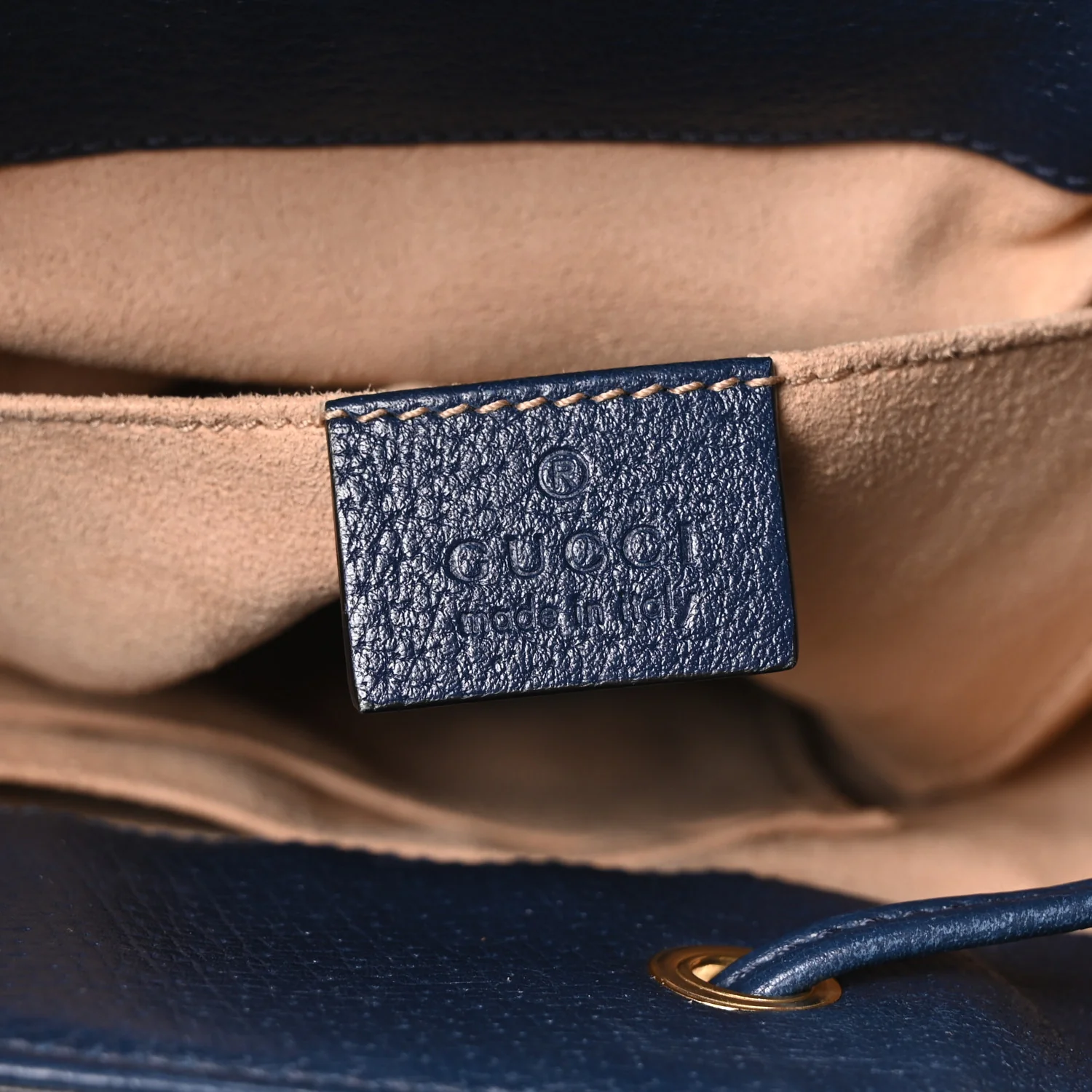 Soft Textured Calfskin Web Small Ophidia Bucket Bag Blue Agata - Image 6