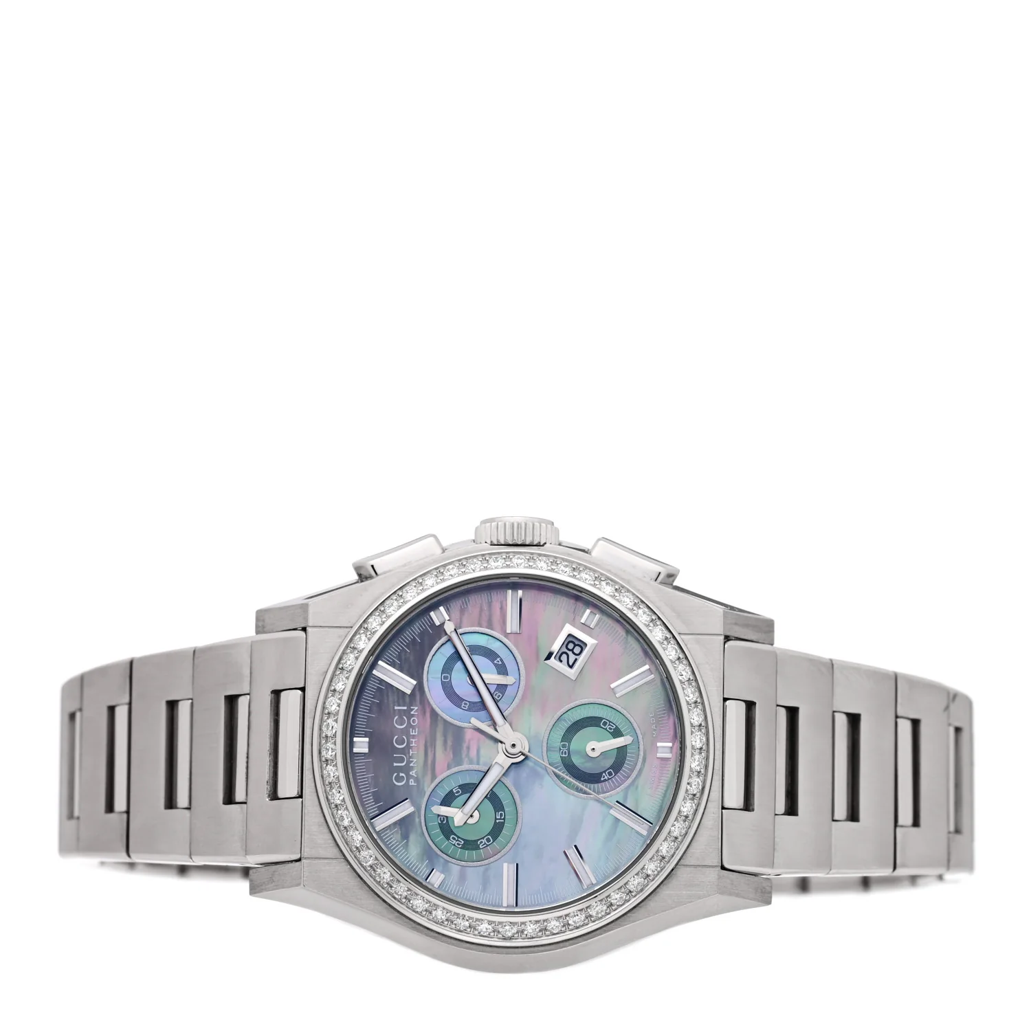 Stainless Steel Diamond Bezel Black Mother of Pearl 34mm Pantheon Chronograph Quartz Watch - Image 2