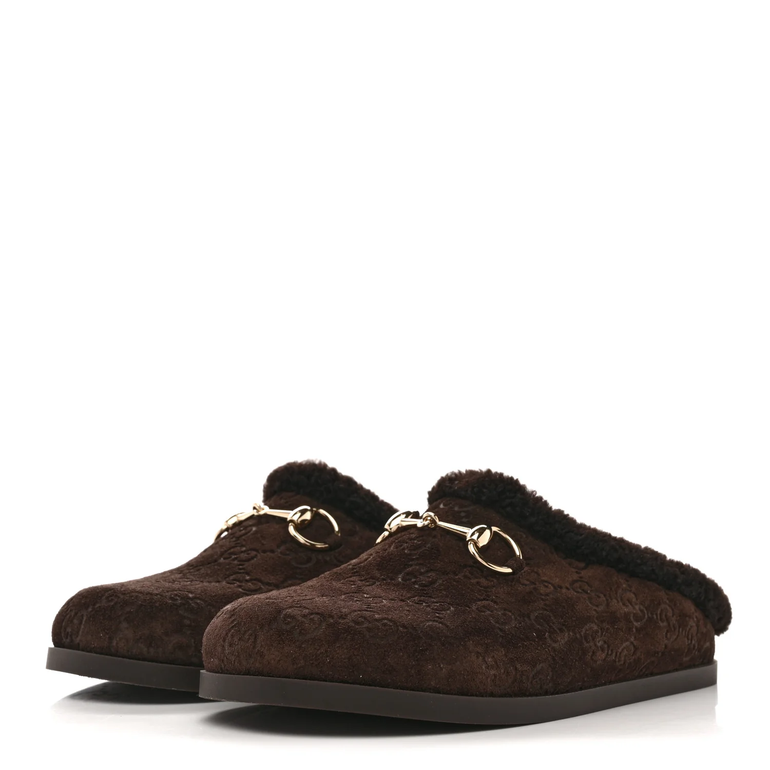 Suede GG Debossed Shearling Womens Horsebit Mules 36 Dark Brown - Image 4