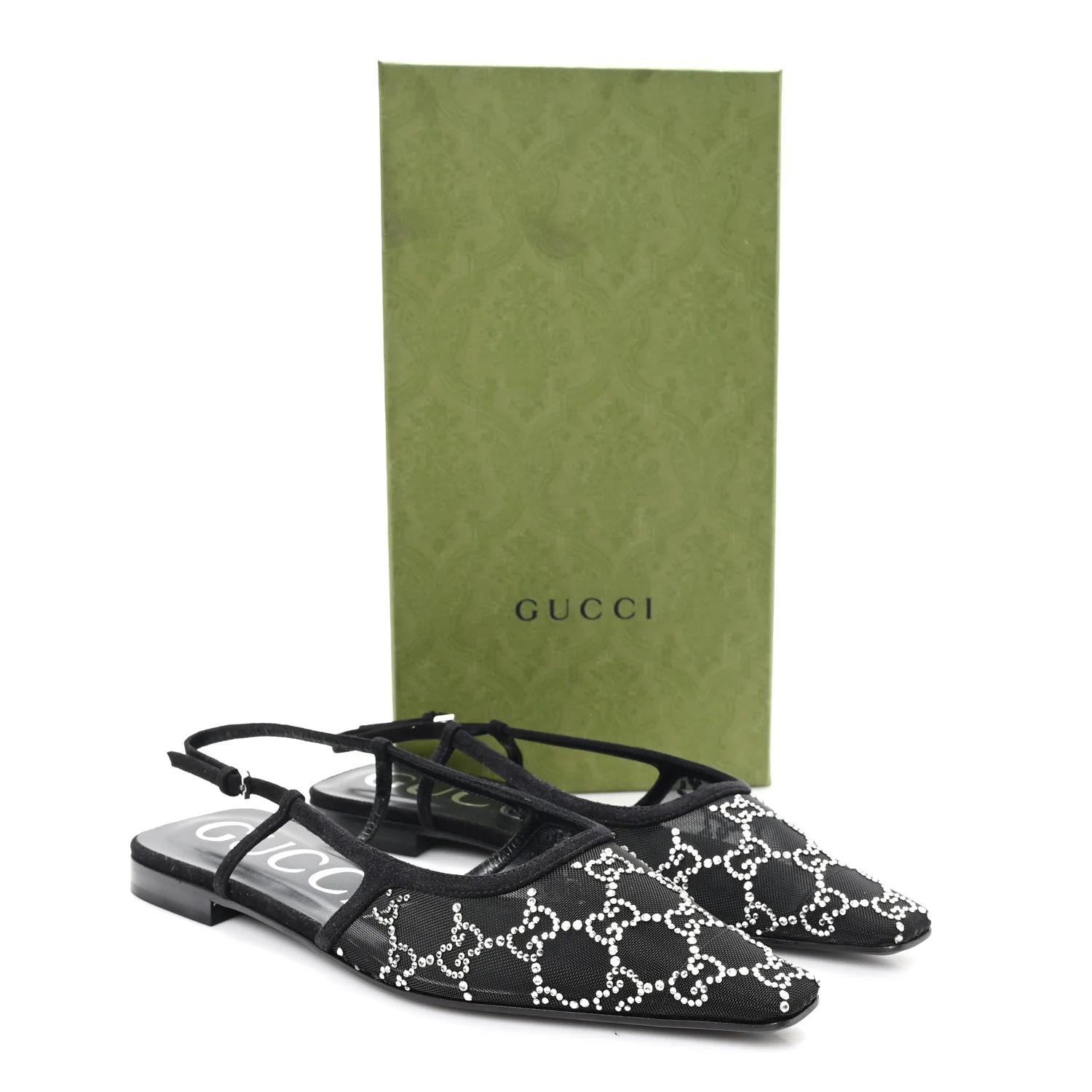 Suede Mesh Crystal GG Monogram Slingback Ballet Flats 39 Black - Image 9