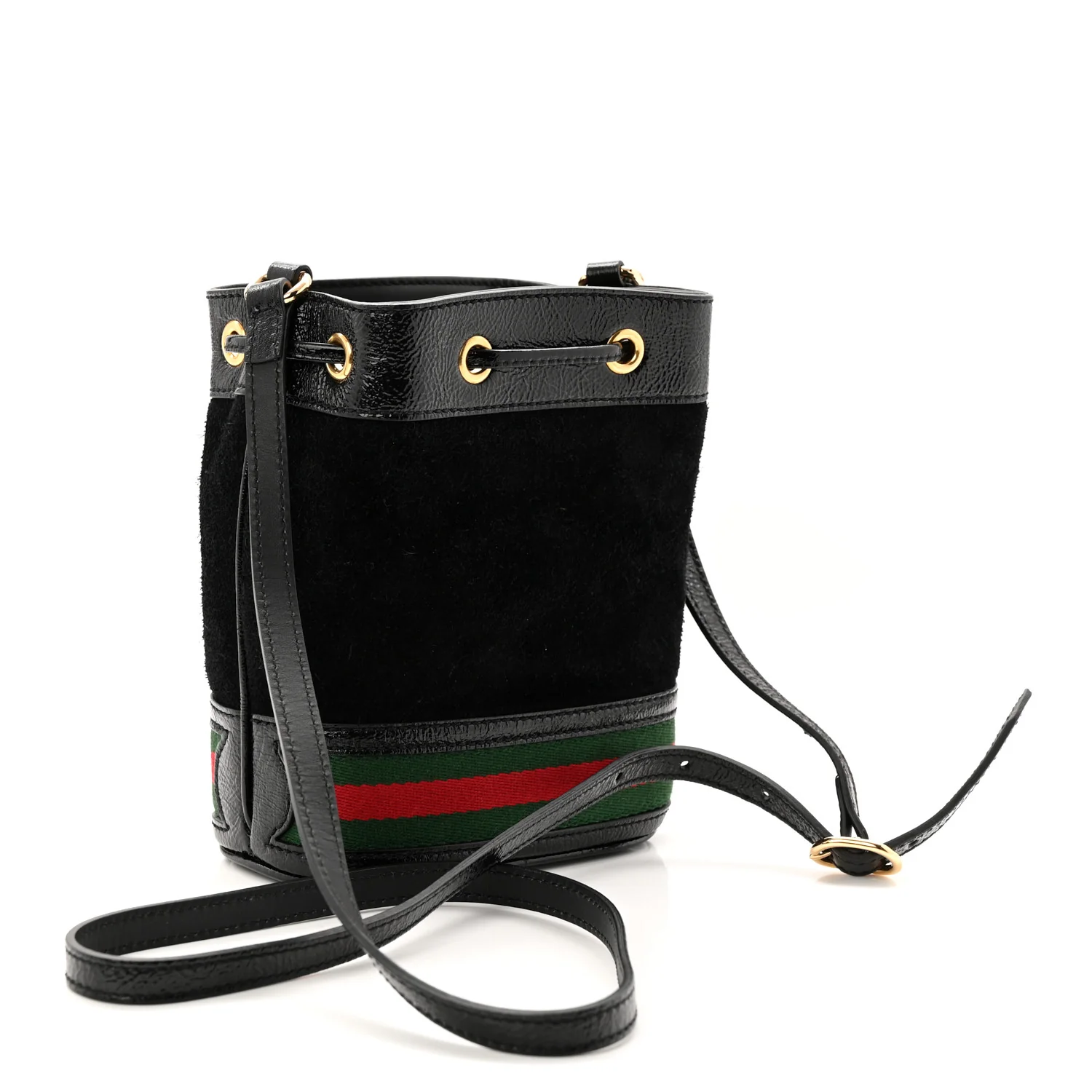 Suede Patent Web Mini Ophidia Bucket Bag Black - Image 3