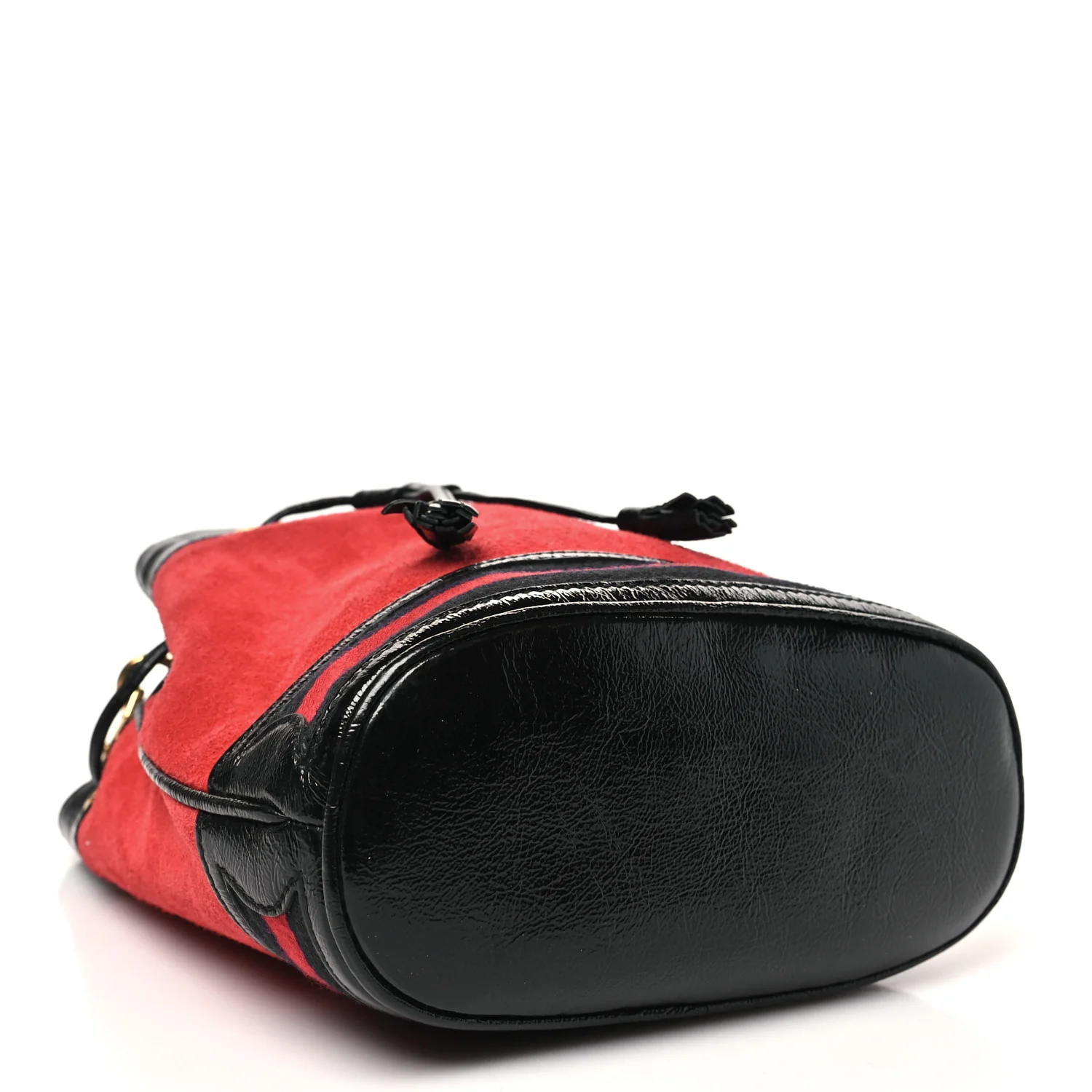 Suede Patent Web Small Ophidia Bucket Bag Hibiscus Red Black - Image 3