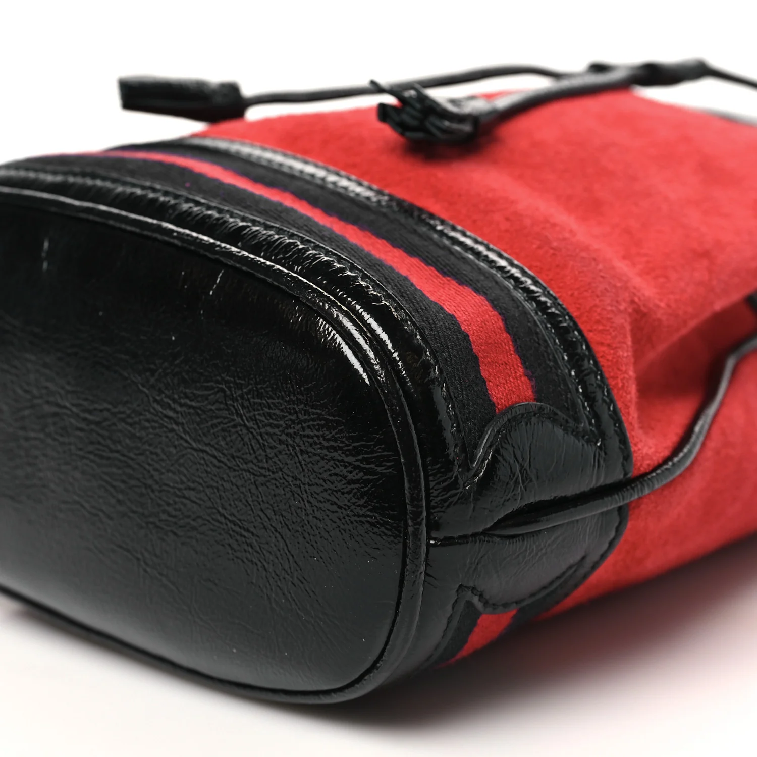 Suede Patent Web Small Ophidia Bucket Bag Hibiscus Red Black - Image 9