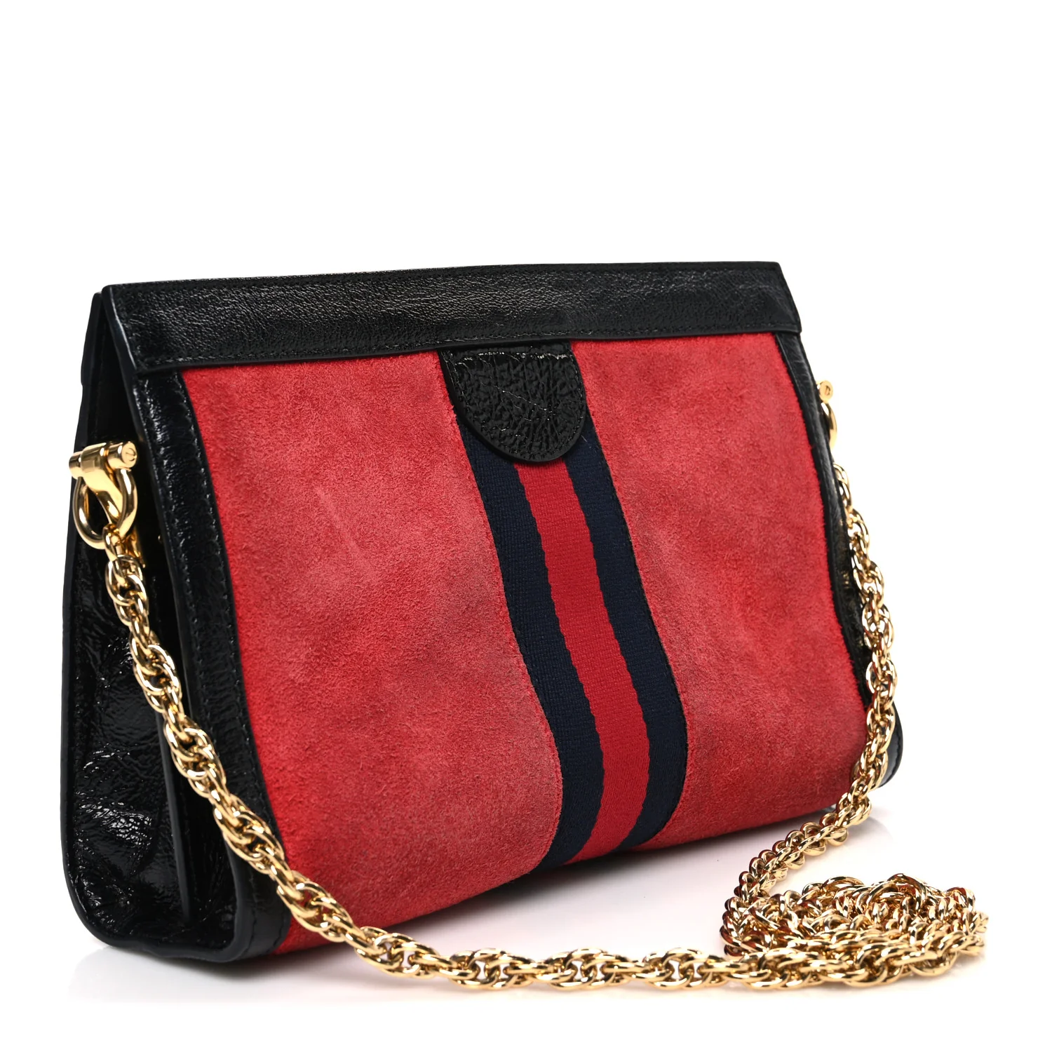Suede Patent Web Small Ophidia Chain Shoulder Bag Hibiscus Red Black - Image 3