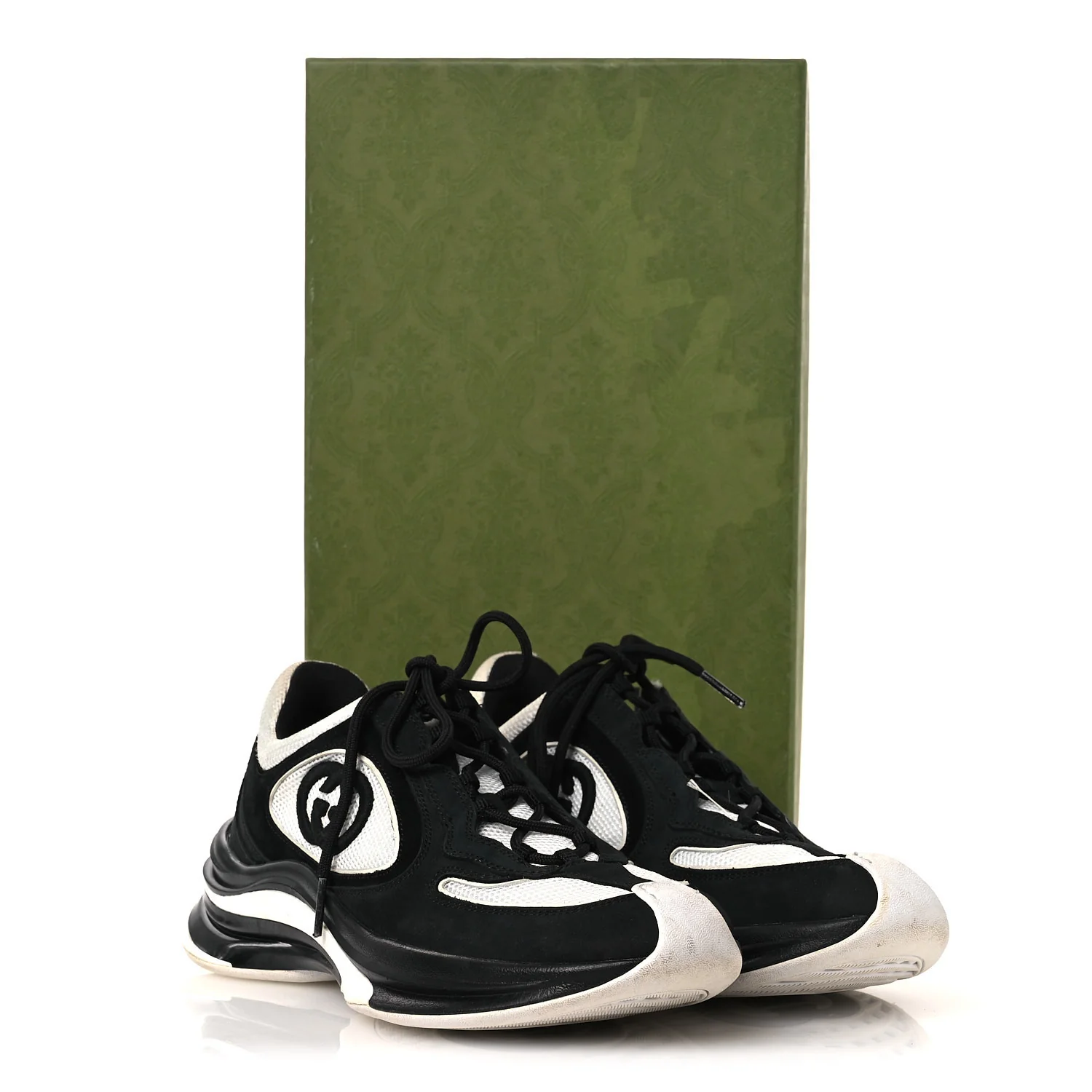 Technical Knit Fabric Suede Calfskin Womens Gucci Run Sneakers 38 Black White - Image 12
