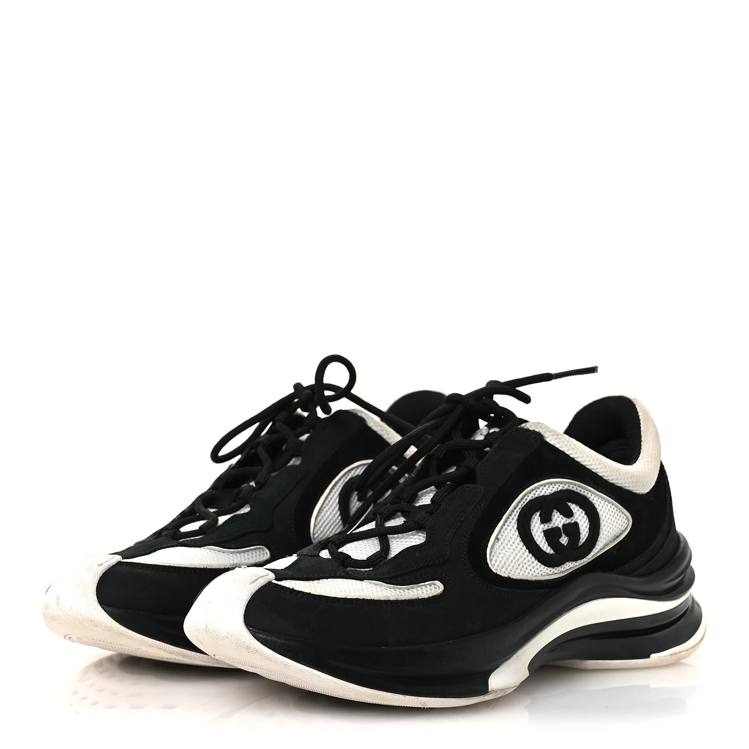 Technical Knit Fabric Suede Calfskin Womens Gucci Run Sneakers 38 Black White - Image 4