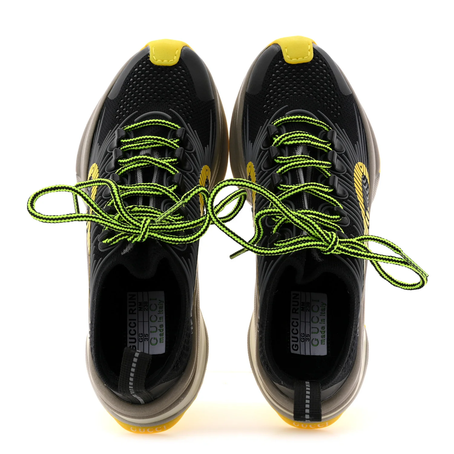 Technical Knit Fabric Waves Womens Gucci Run Sneakers 35 Black Silver Giallo Neon Yellow - Image 2
