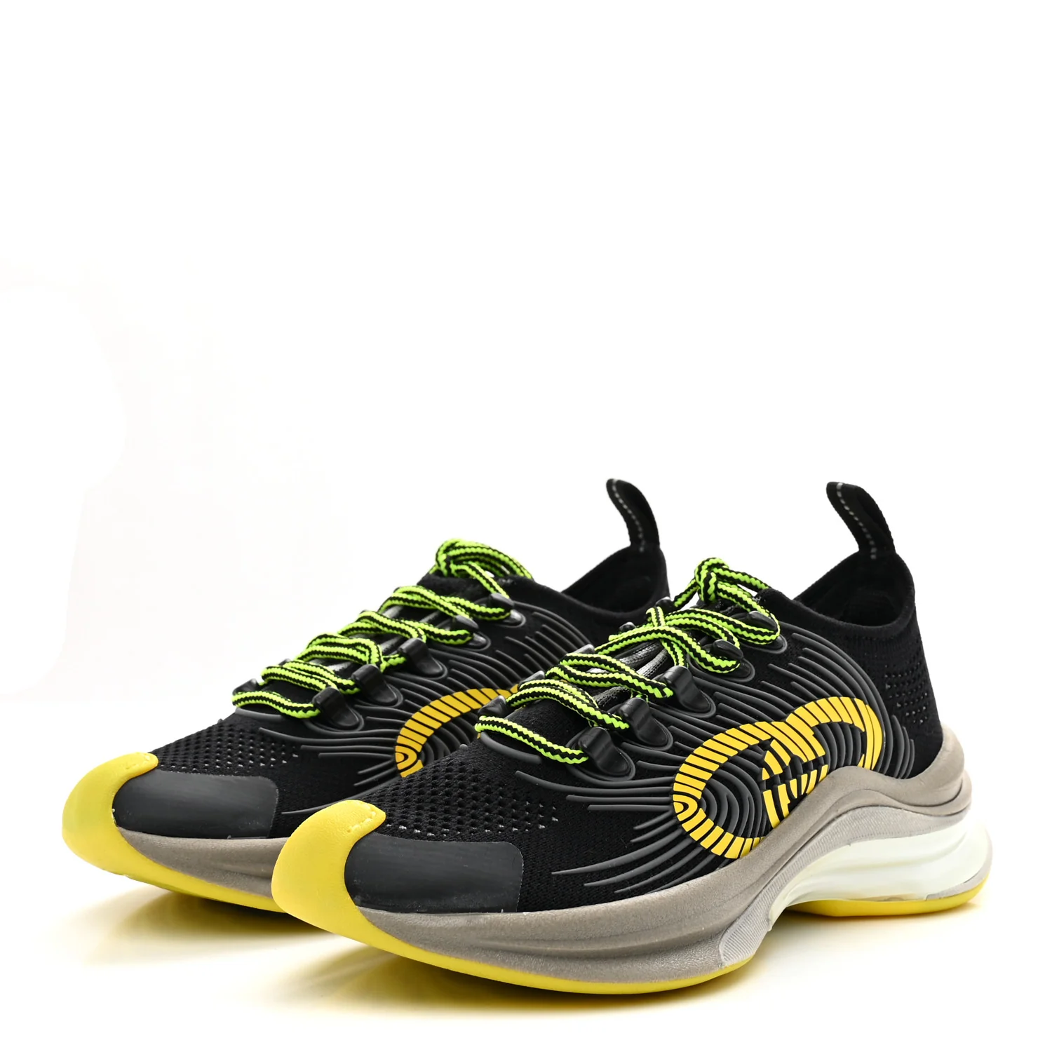 Technical Knit Fabric Waves Womens Gucci Run Sneakers 35.5 Black Silver Giallo Neon Yellow - Image 4