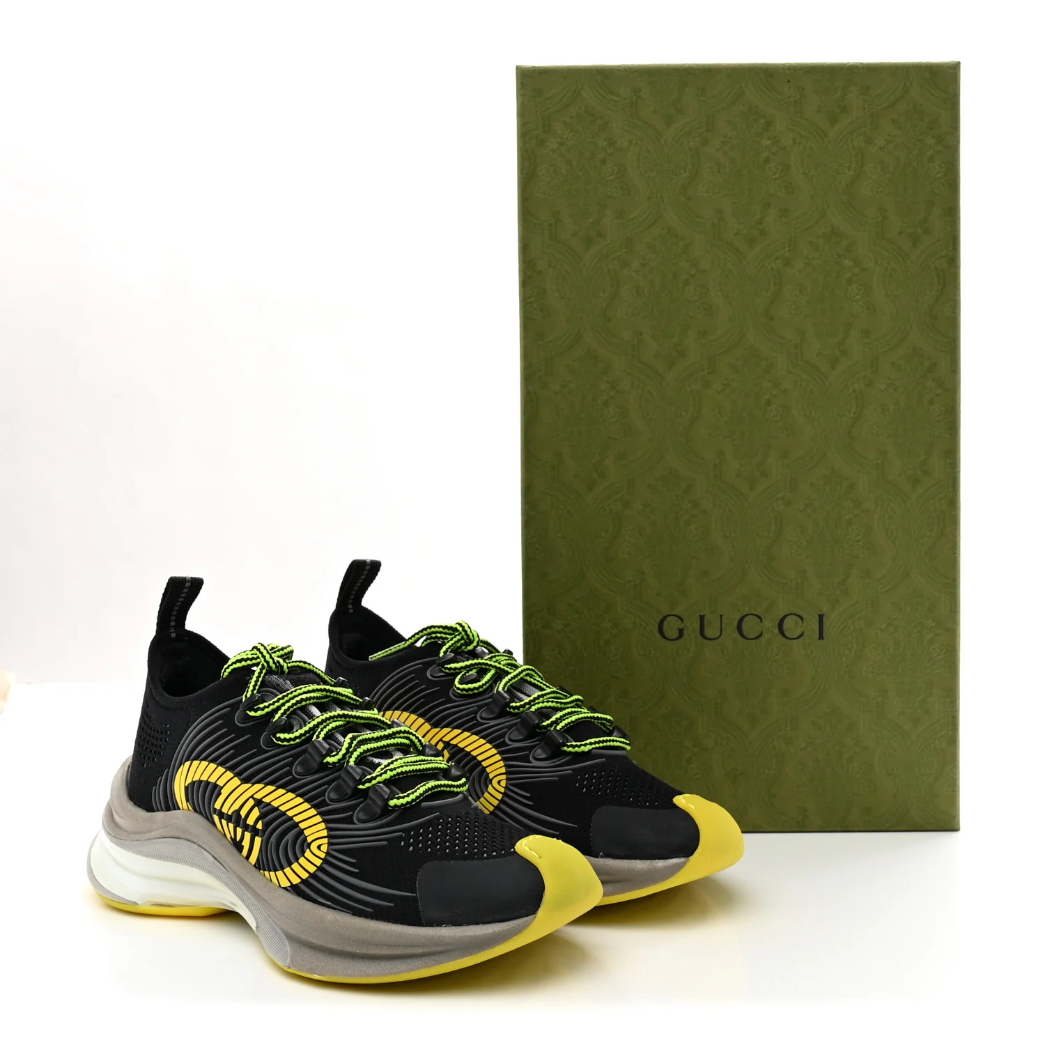 Technical Knit Fabric Waves Womens Gucci Run Sneakers 35.5 Black Silver Giallo Neon Yellow - Image 9