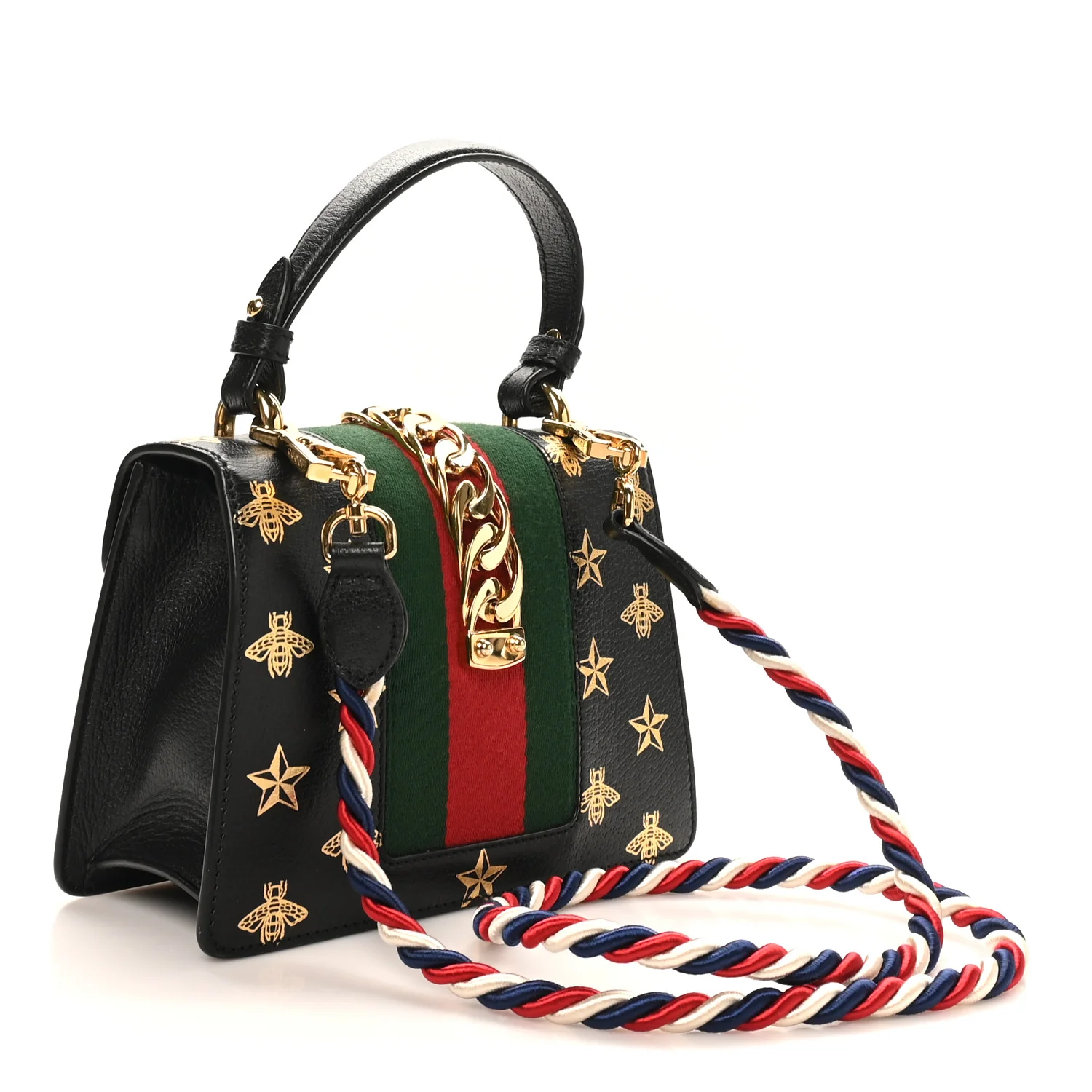 Textured Calfskin Bee Star Print Mini Sylvie Top Handle Bag Black - Image 3