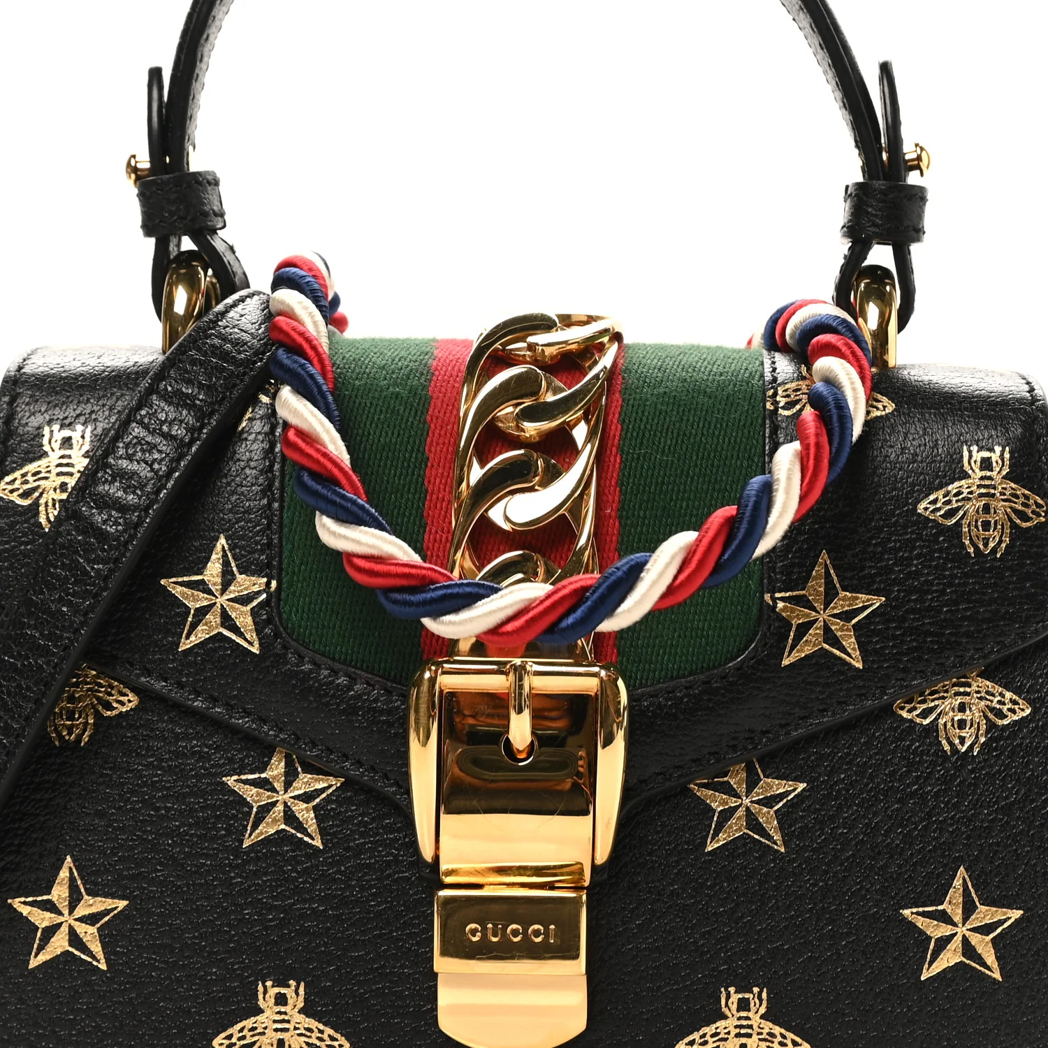 Textured Calfskin Bee Star Print Mini Sylvie Top Handle Bag Black - Image 8