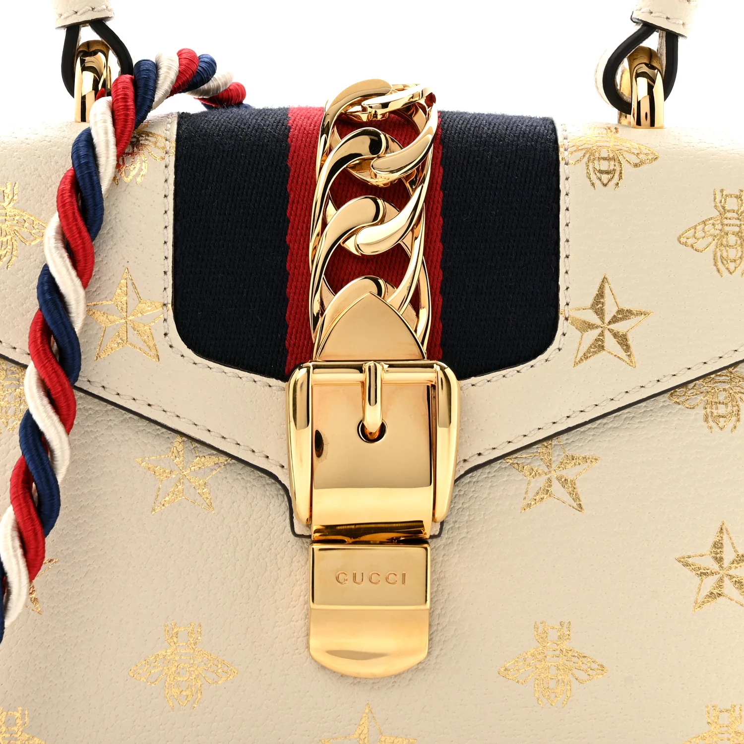 Textured Calfskin Bee Star Print Mini Sylvie Top Handle Bag Mystic White - Image 8