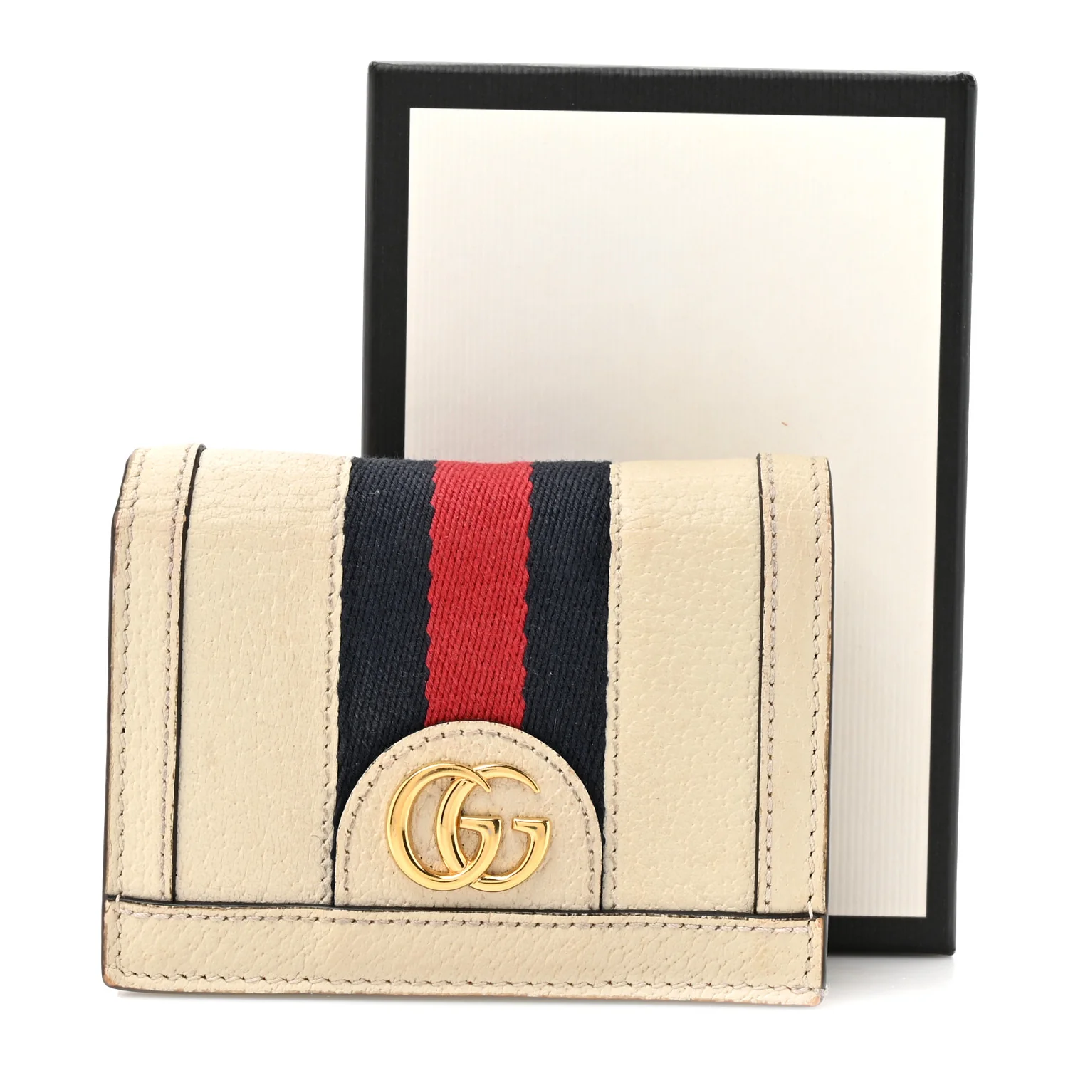 Textured Calfskin Web Ophidia Card Case Mystic White - Image 14