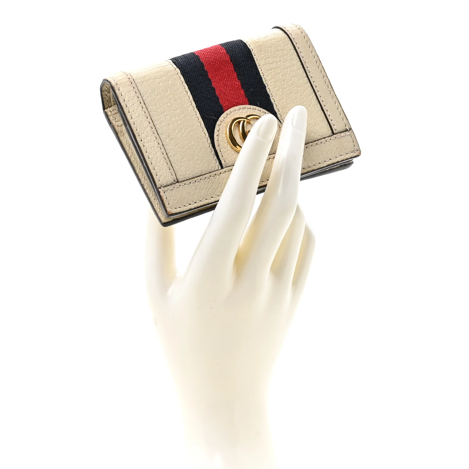 Textured Calfskin Web Ophidia Card Case Mystic White - Image 2