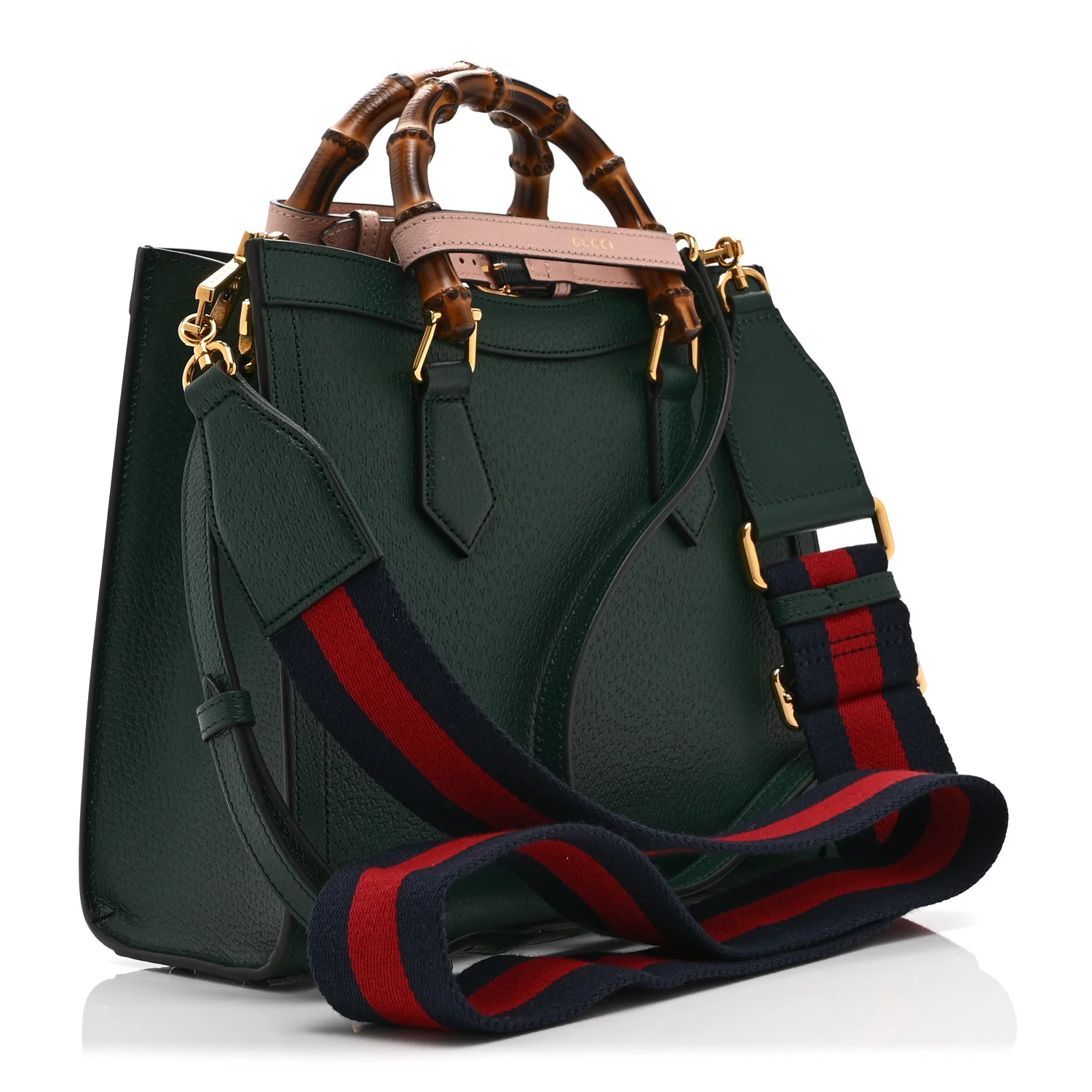 Textured Dollar Calfskin Web Small Diana Tote Bag Vintage Green Powder Pink - Image 3