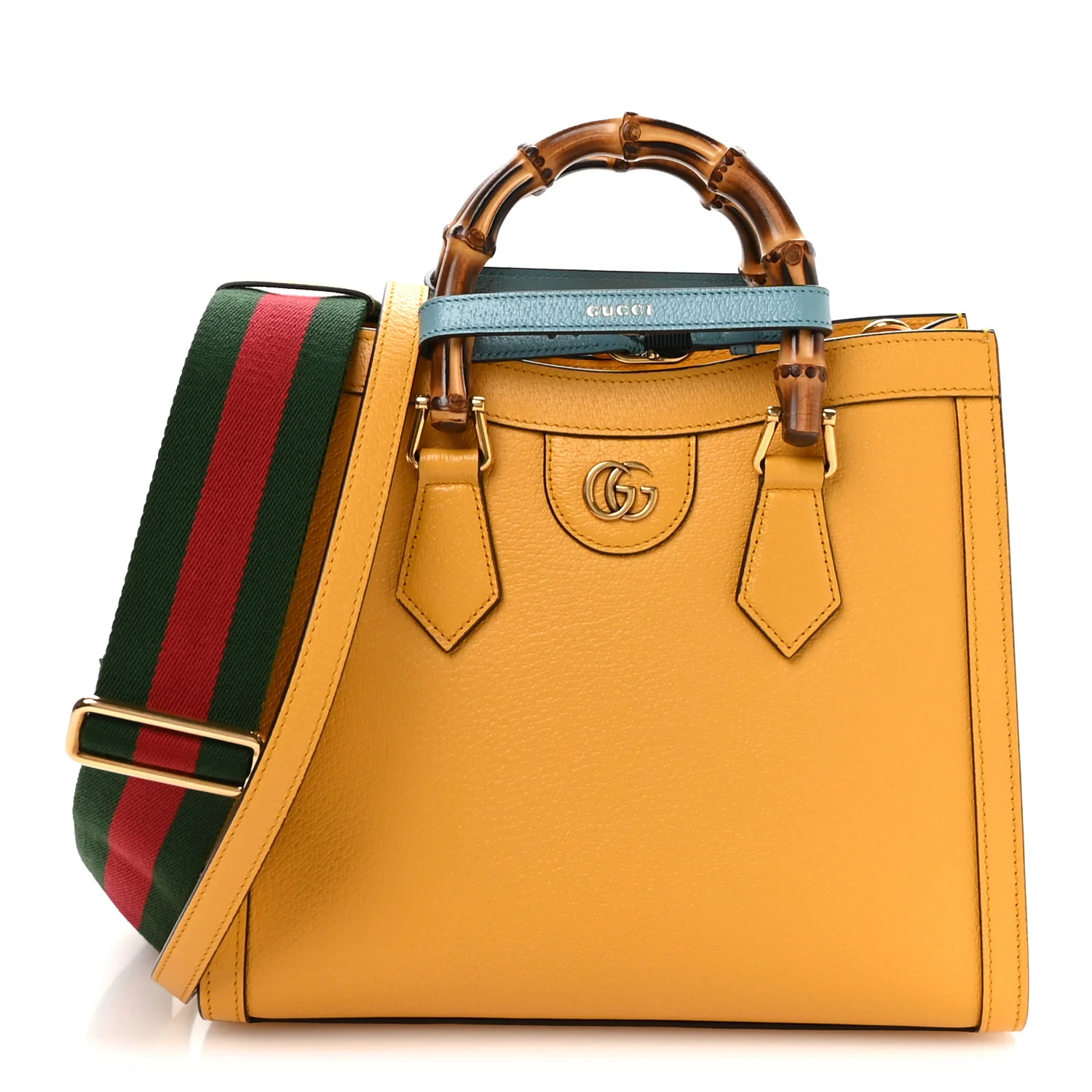 Textured Dollar Calfskin Web Small Diana Tote Bag Yellow Dusty Azure