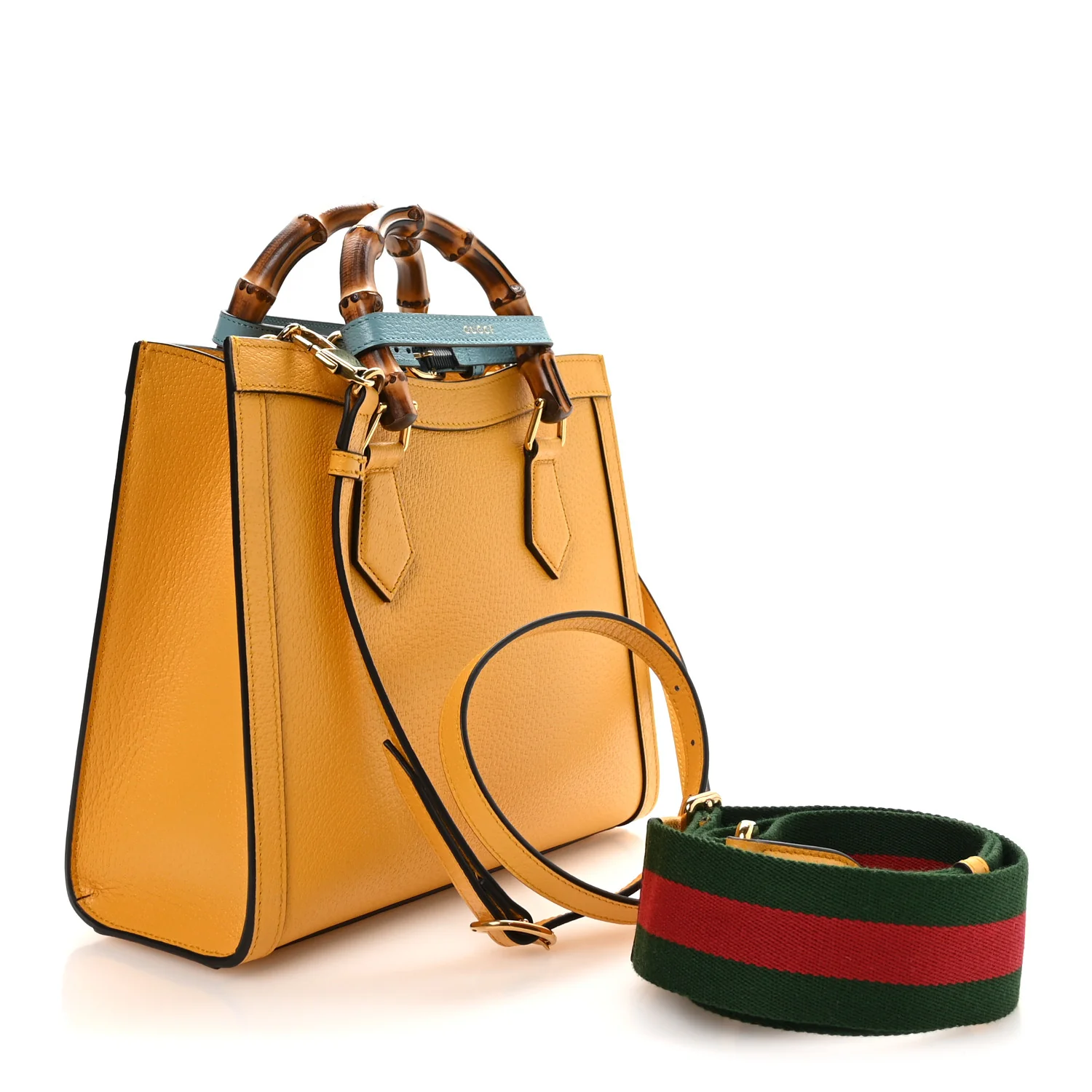 Textured Dollar Calfskin Web Small Diana Tote Bag Yellow Dusty Azure - Image 4