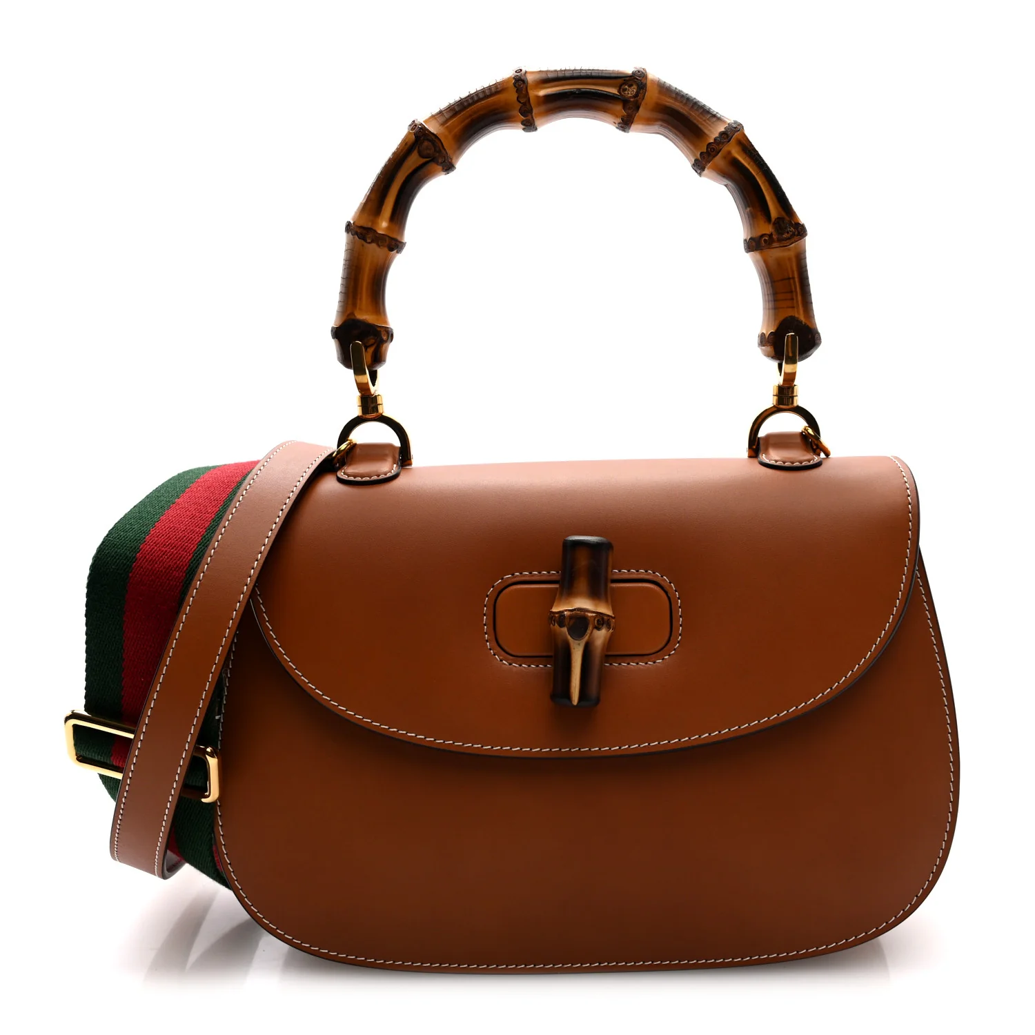 Tritone Calfskin Web Medium Bamboo 1947 Top Handle Bag Harness Brown