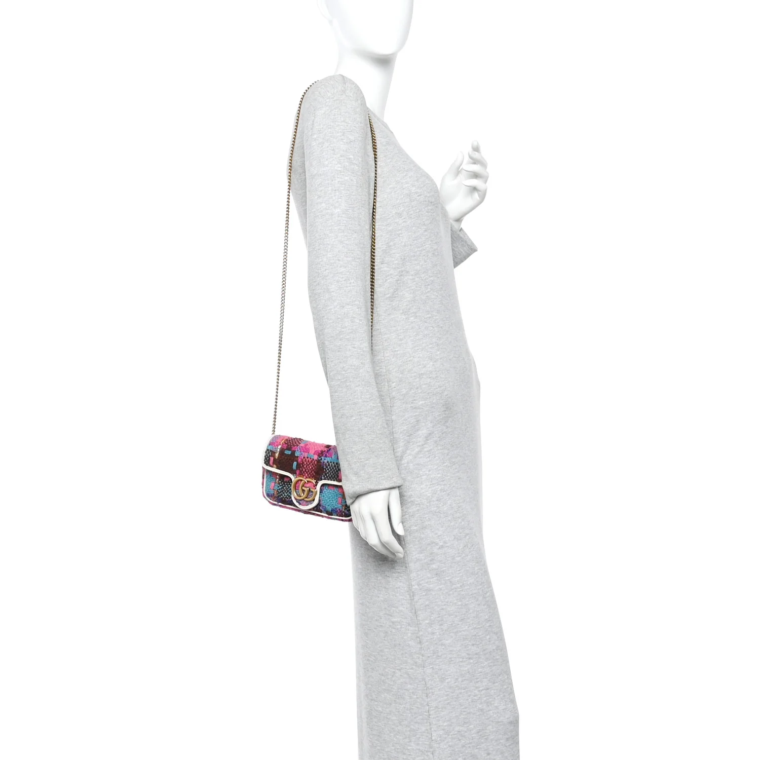 Tweed Calfskin Spicy Check Super Mini GG Marmont Shoulder Bag Pink Multicolor Mystic White - Image 2