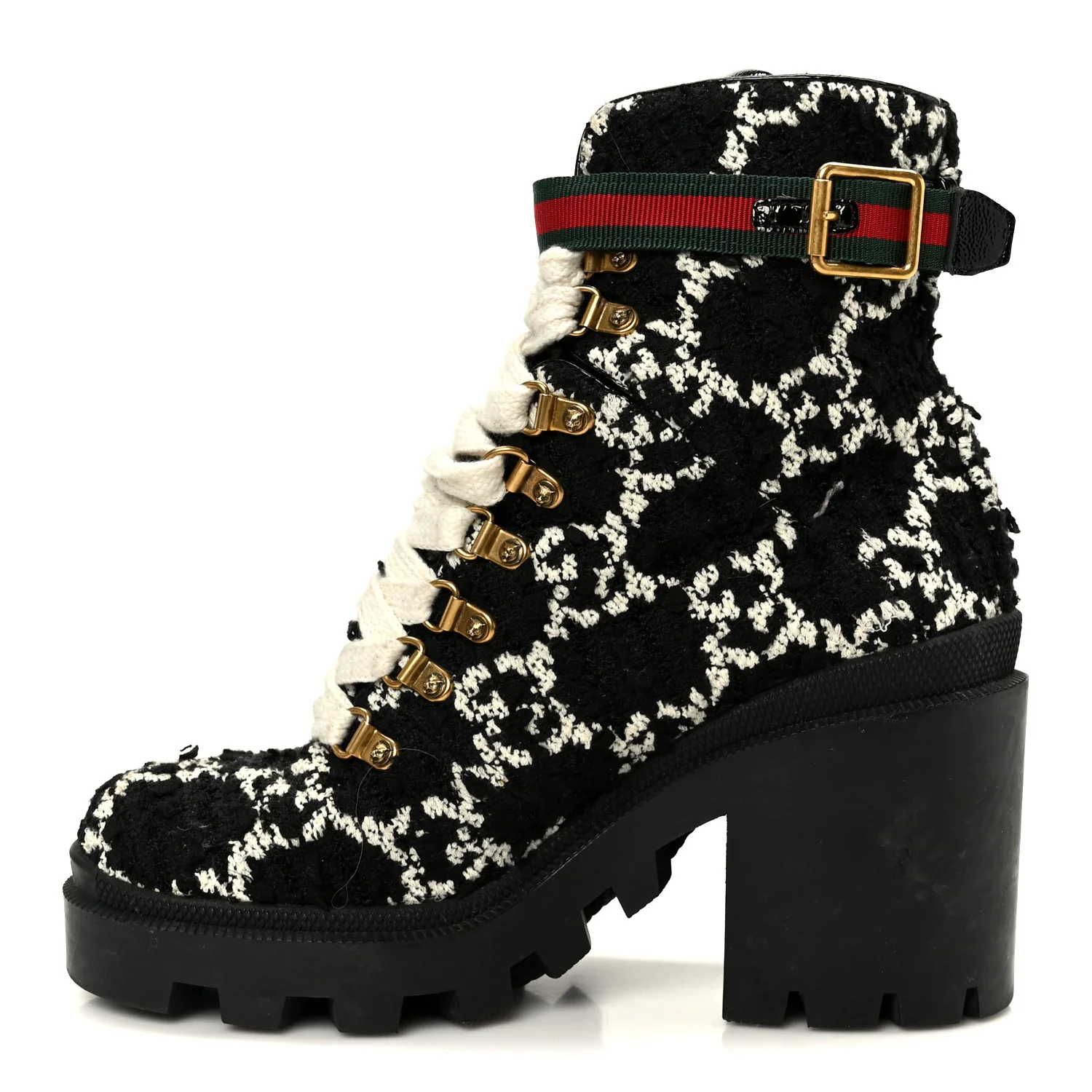 Tweed GG Monogram Lace Up Combat Ankle Boots 38 Black